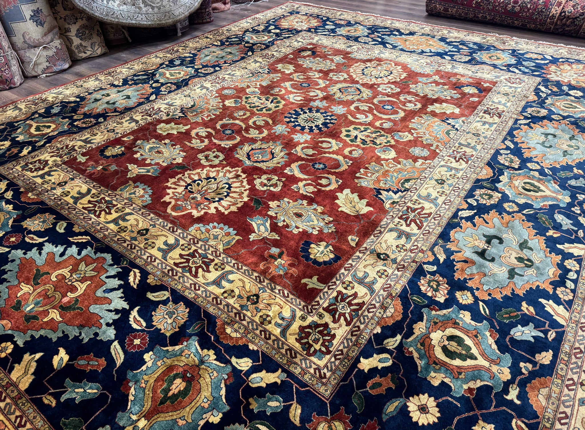 Palace Size Indo Persian Rug 12x15, Sultanabad Mahal Carpet, Red Navy Blue, Fine 210 KPSI by Jewel Rugs