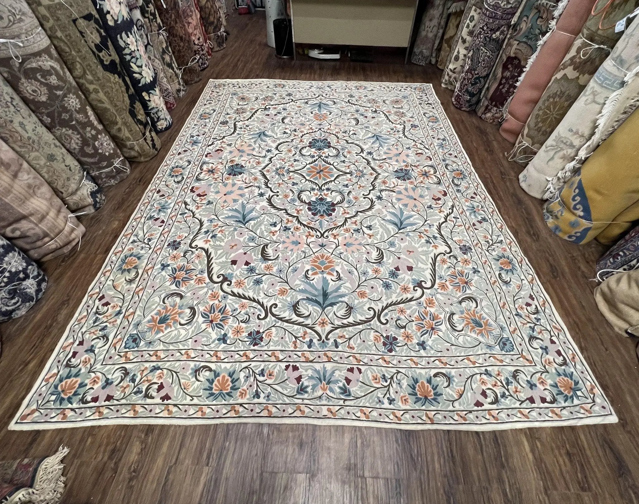 Chain Stitched Rug 9x12 Vintage Carpet 9 x 12 Flatweave Rug, Ivory Teal Rug, Area Rug 9 by 12, Hand Stitched Rug, Medallion, Indian Rug by Jewel Rugs