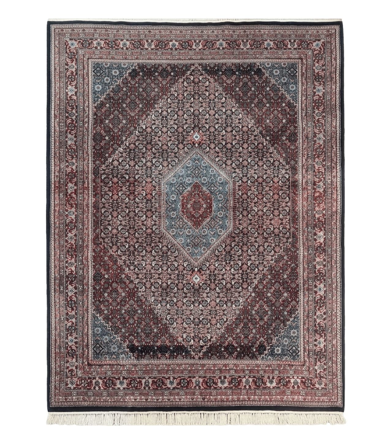Indo Persian Bidjar Rug 8x11, Herati Mahi Pattern, Red Navy Blue, Handmade Vintage Wool Carpet by Jewel Rugs