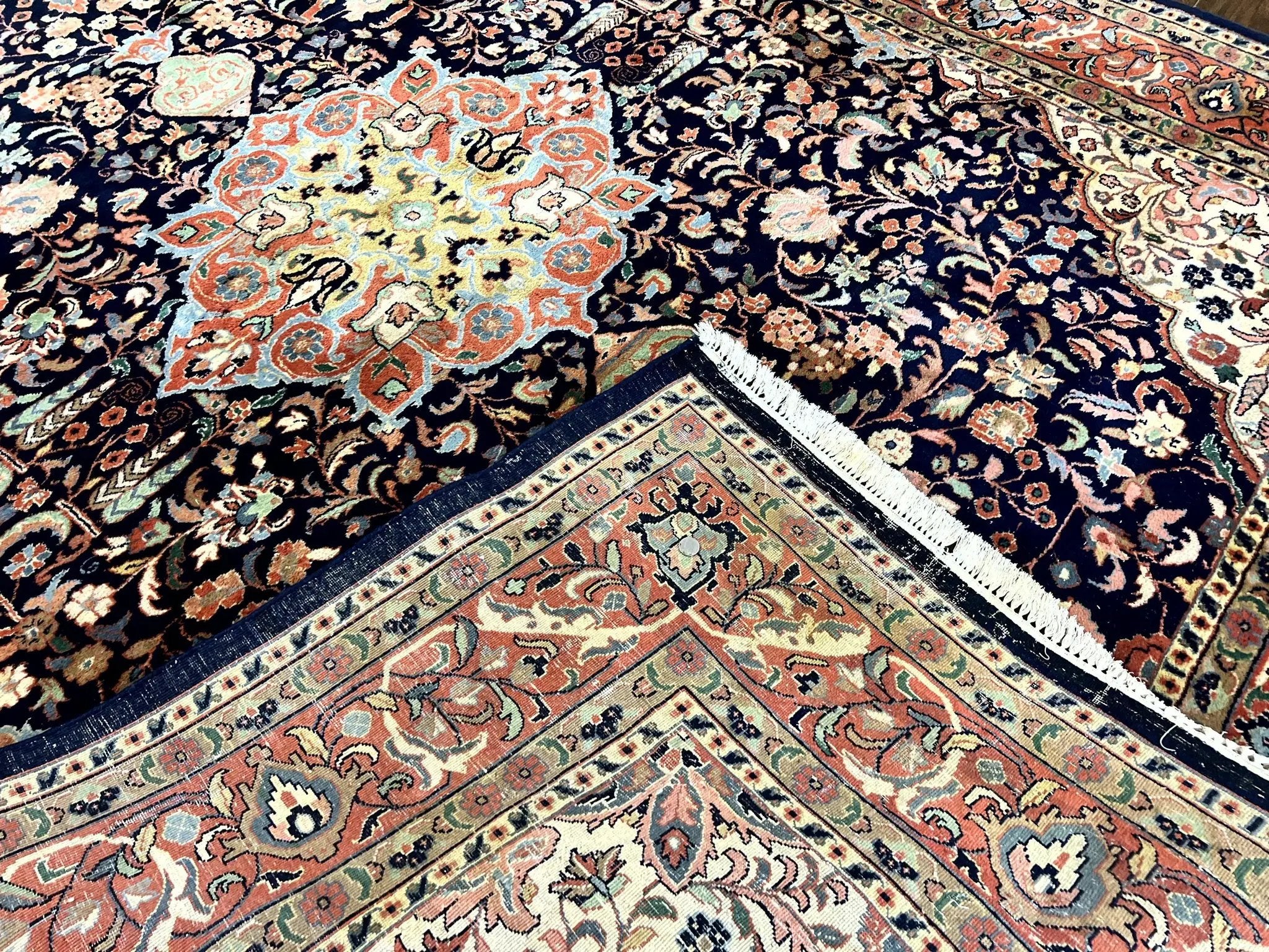 Indo Persian Rug 8x10, Midnight Blue & Red, Handmade Vintage Wool Carpet, Floral Medallion by Jewel Rugs