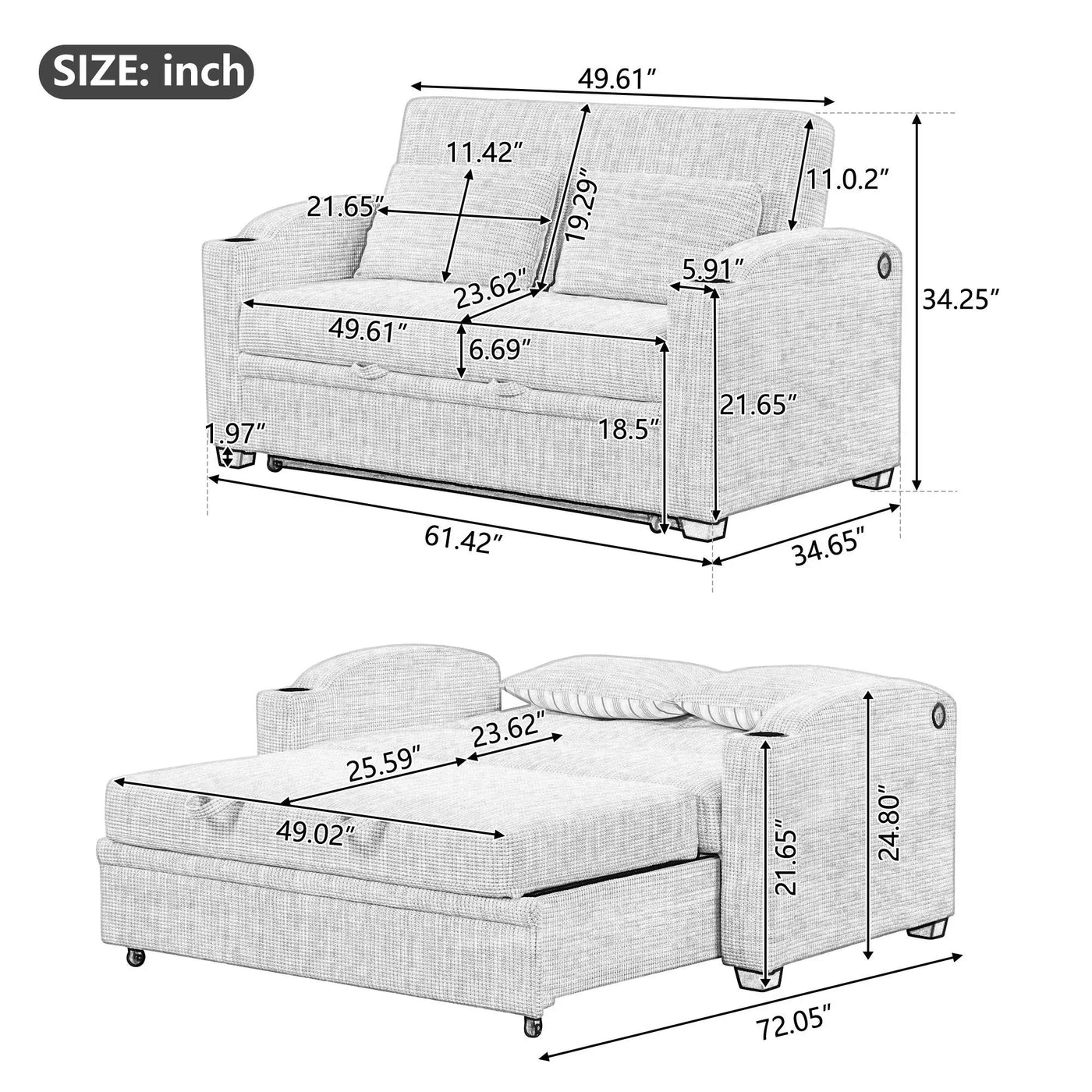 Pull Out Loveseat Sofa With Adjsutable Backrest, 2 Pillows, Cup Holders, USB Ports For Living Room by Unique Piece Furniture