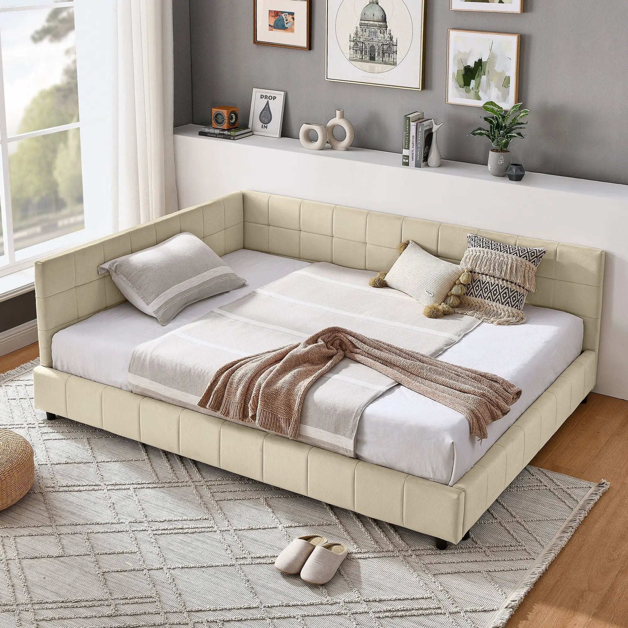 Mid-Century Storage Upholstered Tufted Bed Frame With Backrest And Armrests by Unique Piece Furniture