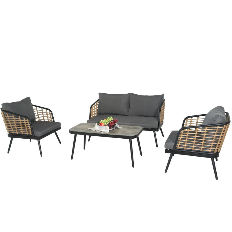 4 Pieces Patio Furniture Set, PE Rattan Wicker With Washable Cushion And Tempered Glass Tabletop, Conversation Furniture For Garden Poolside Balcony by HouseOfZazla