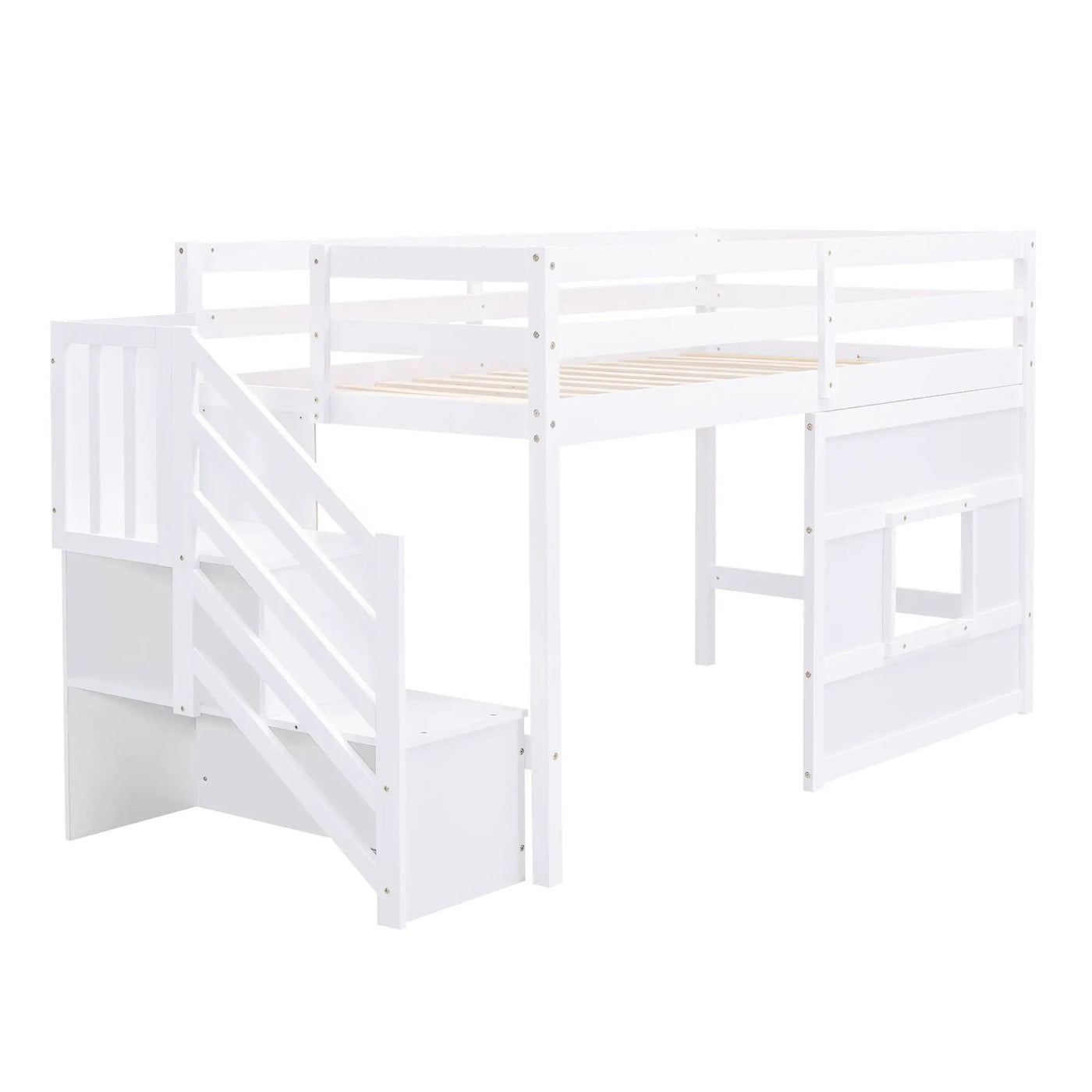 Loft Bed With Storage Staircase, Window & LED Light by HouseOfZazla