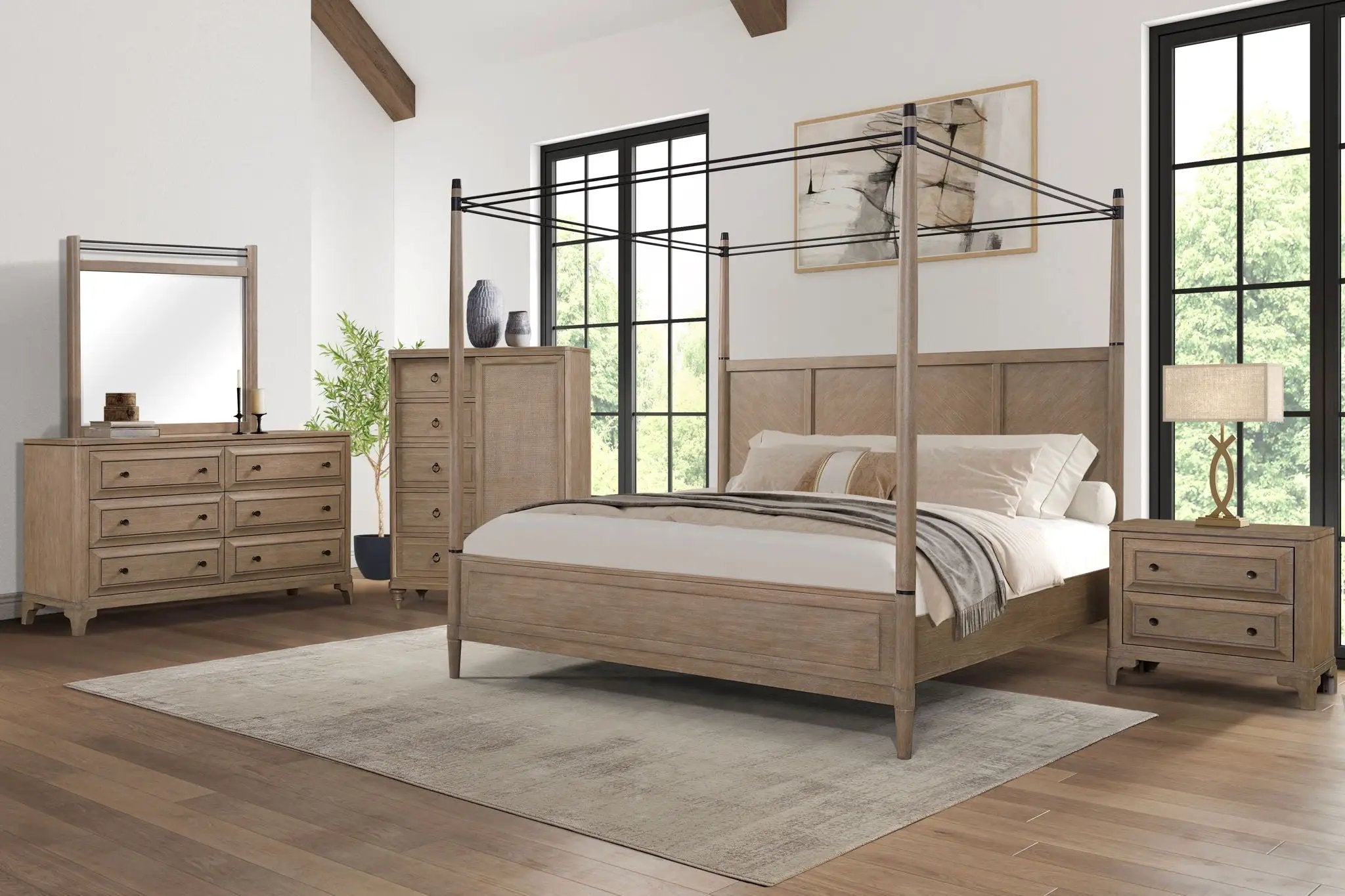Queen Canopy Bedroom Set With A 2 Drawer Nightstand A Dresser With Poster Mirror And A Door Chest - Sand by Unique Piece Furniture