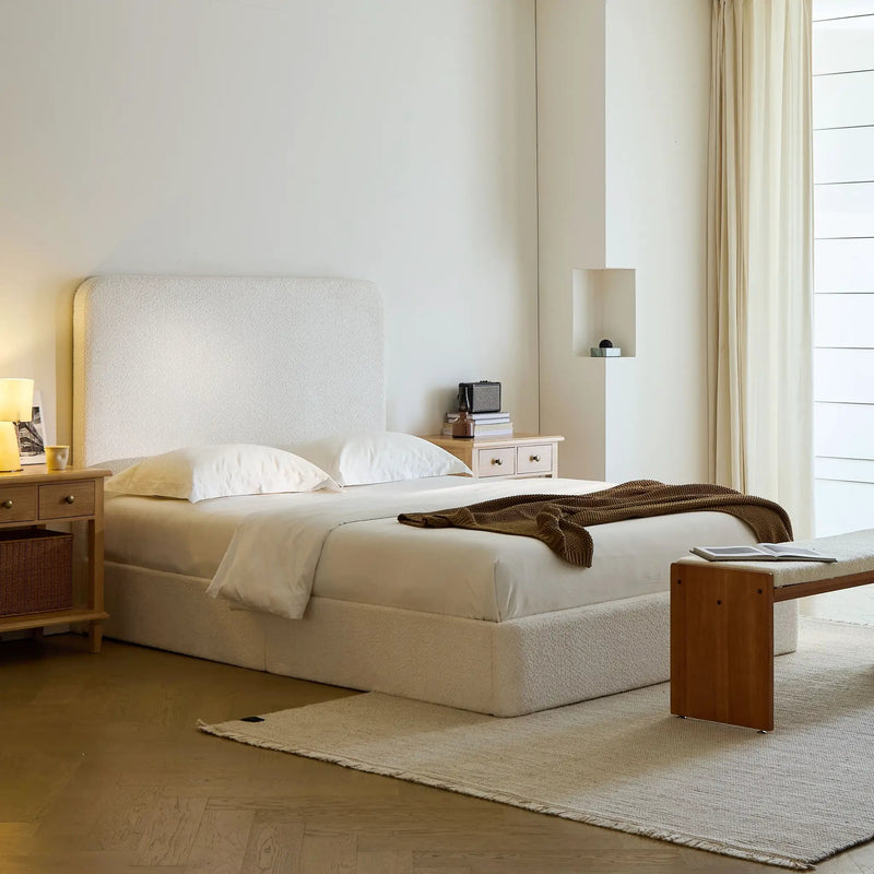 Canter Tall Headboard Upholstered Bed in Pearl White Chenille, Queen Size by HouseOfZazla