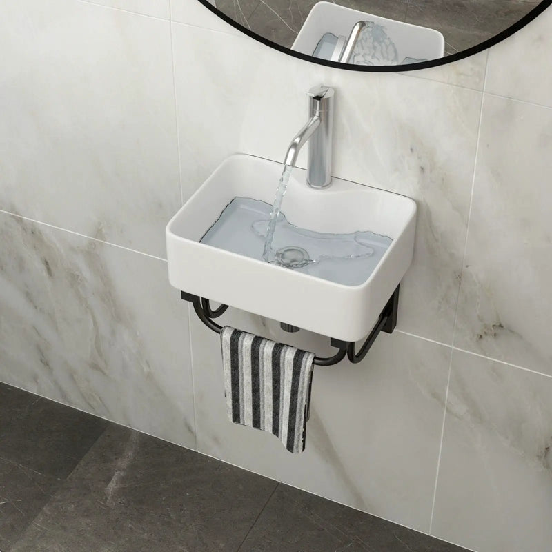 Rectangular Bathroom Sink With Towel Bar & Faucet Hole, Wall Mounted - White by Unique Piece Furniture