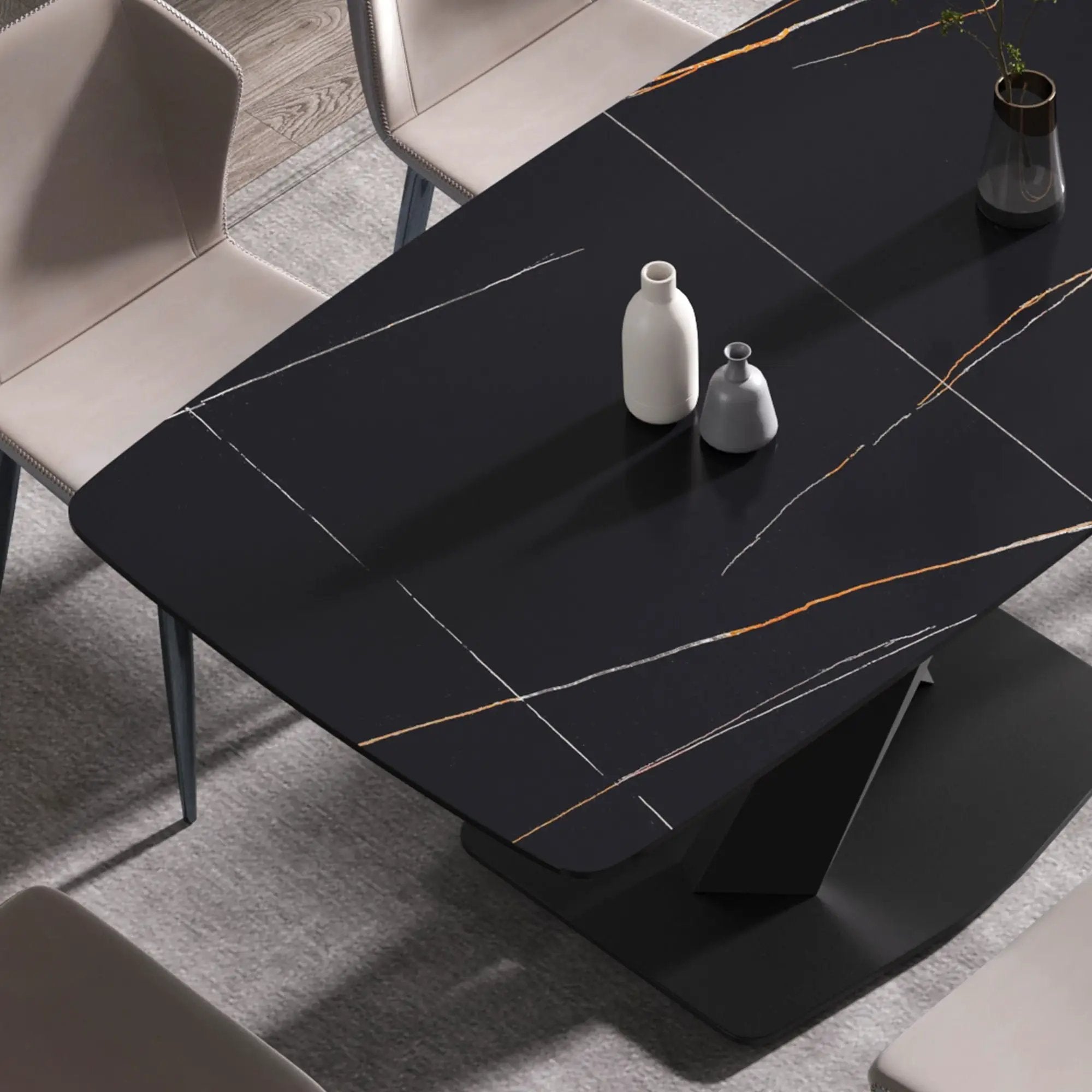 70.87" Modern Artificial Stone Black Curved Black Metal Leg Dining Table, Can Accommodate 6-8 People - Black by HouseOfZazla