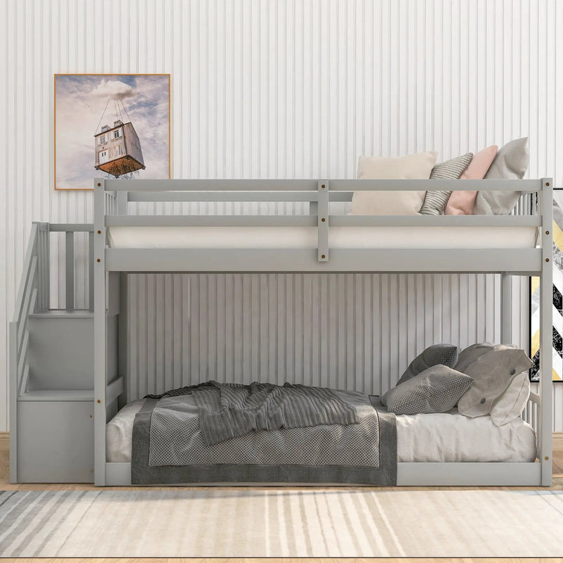 Twin Over Twin Floor Bunk Bed, Ladder With Storage by Unique Piece Furniture