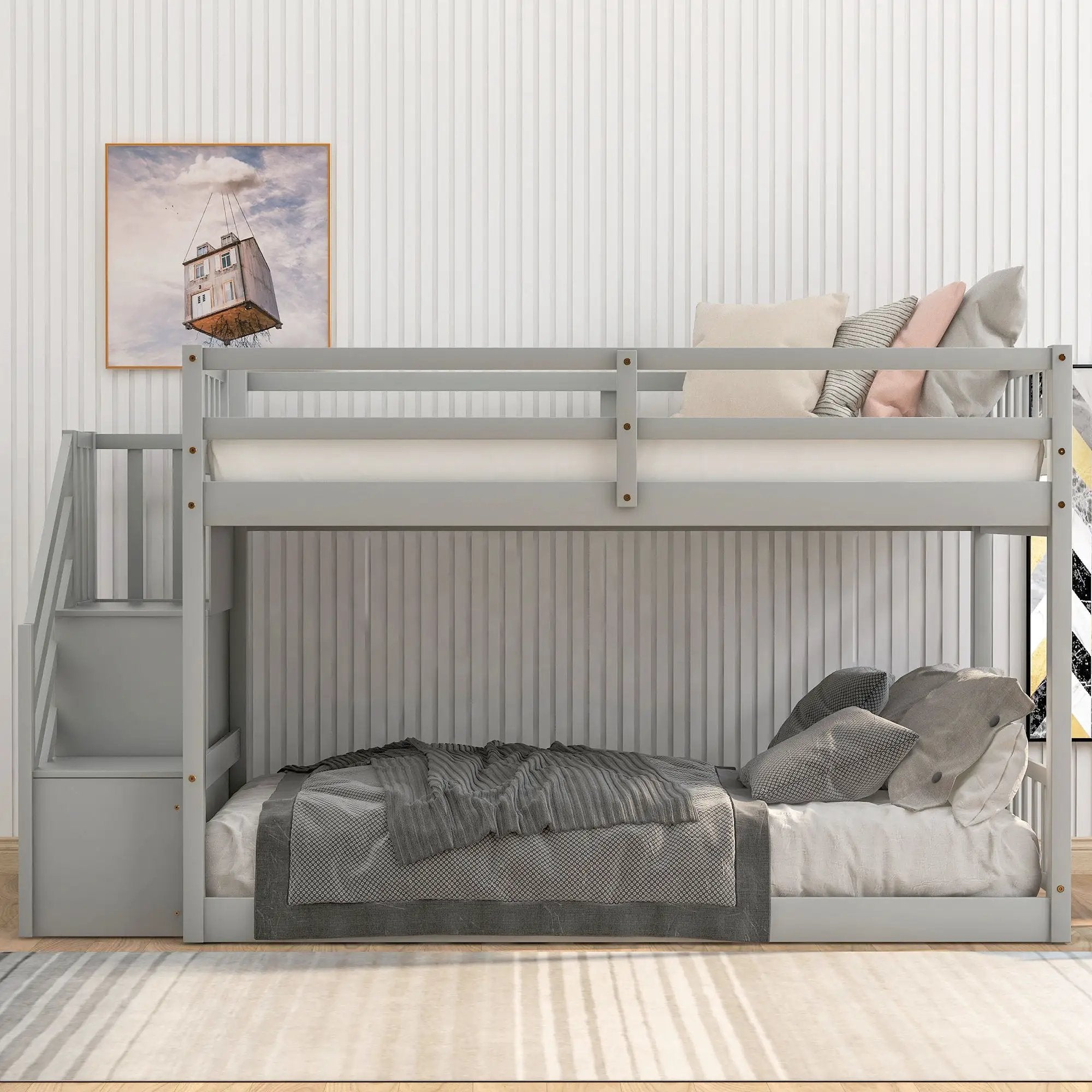 Norset - Twin Over Twin Floor Bunk Bed, Ladder With Storage by Unique Piece Furniture