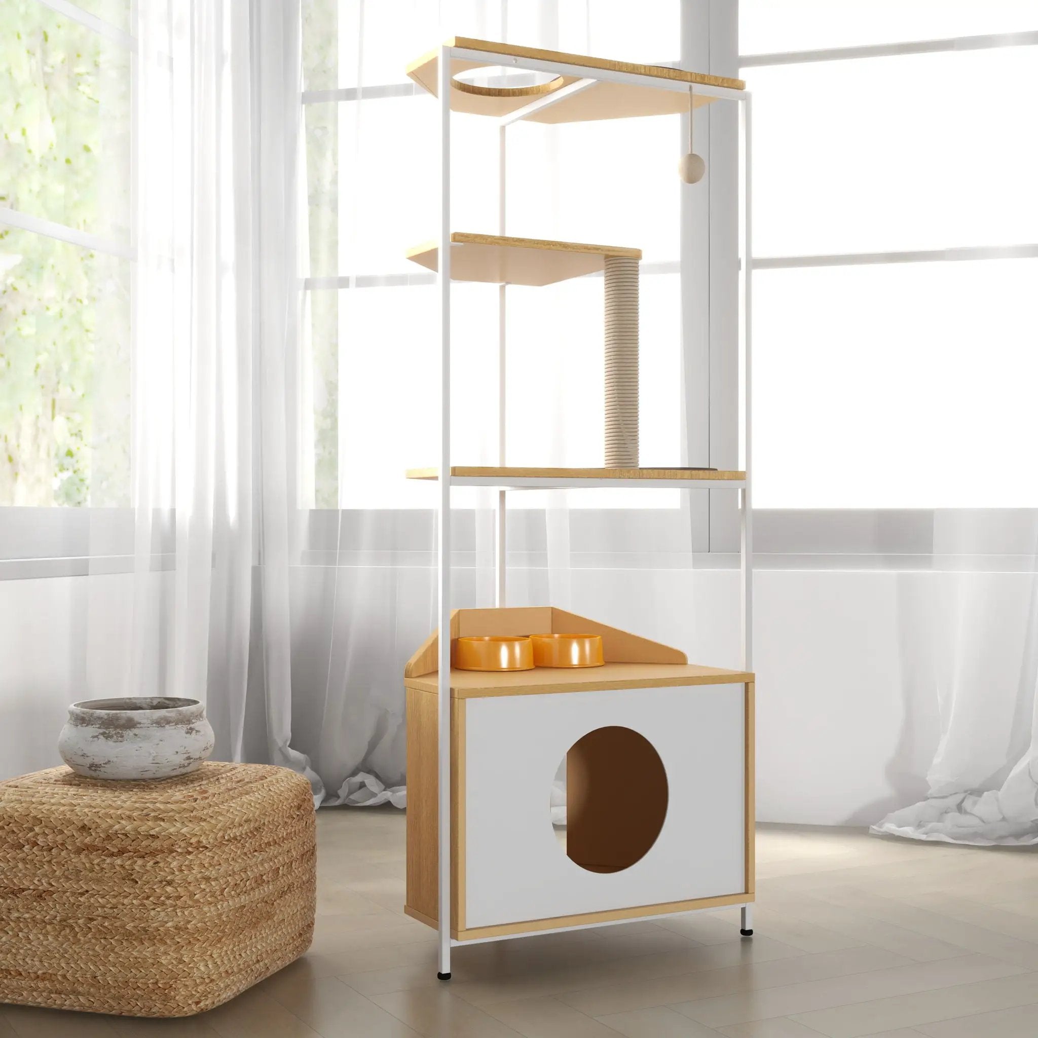 Corner Cat Tower, Cat Tree With Scratching Post, Cat Condo With Feeding Station And Climbing Platforms, Pet Furniture For Indoor Cats - White / Light Oak by HouseOfZazla