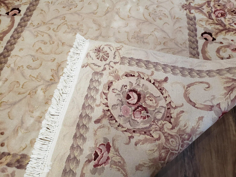 Vintage Ivory Chinese Aubusson Area Rug 6x9, Wool & Silk, Hand-Knotted 120 Line Fine Rug, European Design Carpet, 6 x 9 Master Signature Rug by Jewel Rugs