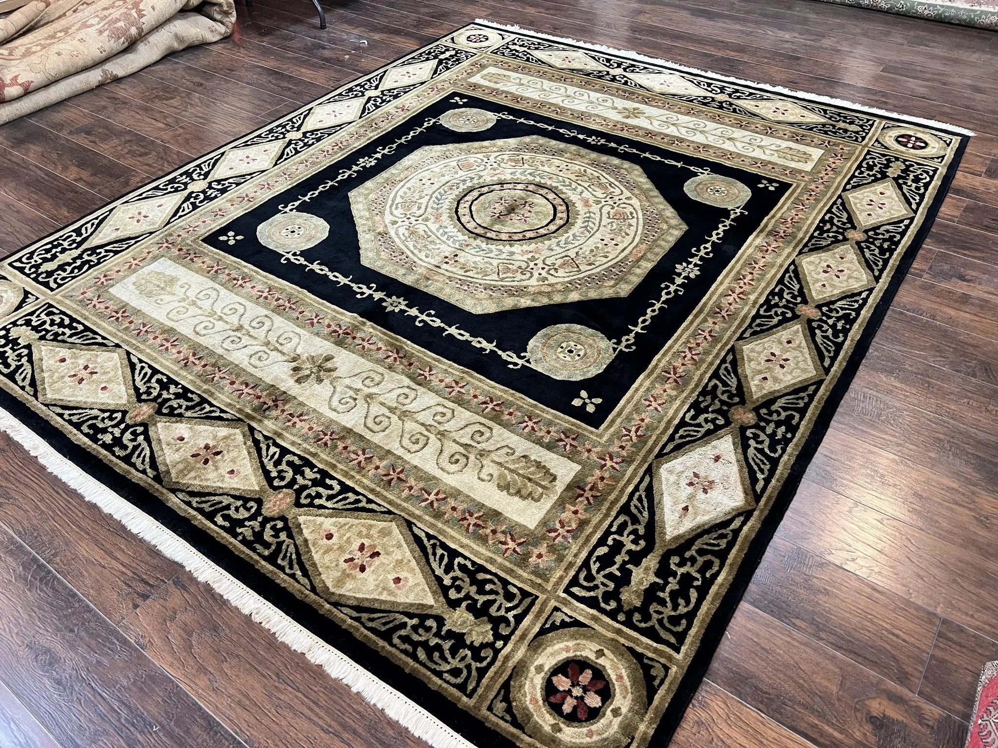 Tibetan Rug 8x10, Nepali Area Rug, Soft New Zealand Wool Carpet 8 x 10 ft, Black Tan Beige, Vintage Handmade Rug, French Aubusson Pattern by Jewel Rugs