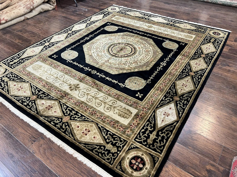 Tibetan Rug 8x10, Nepali Area Rug, Soft New Zealand Wool Carpet 8 x 10 ft, Black Tan Beige, Vintage Handmade Rug, French Aubusson Pattern by Jewel Rugs