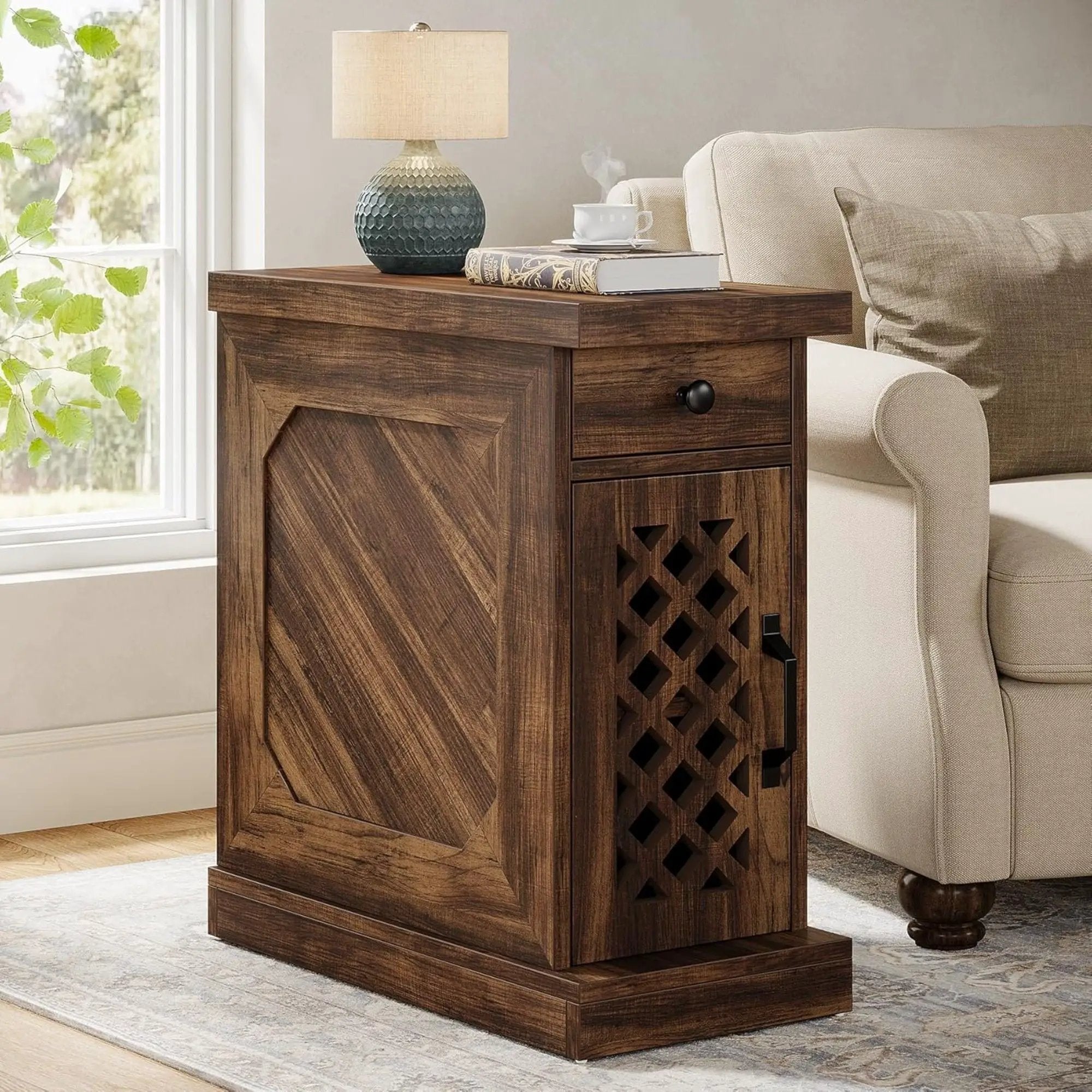 Narrow End Table With Drawer & Cabinet, Nightstand For Small Spaces - Brown by HouseOfZazla