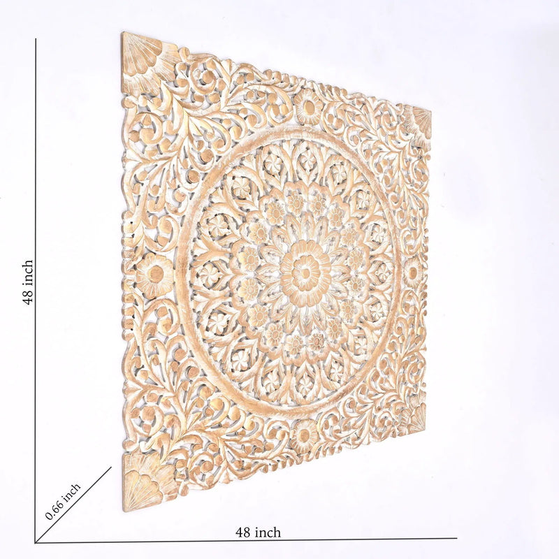 Floral Hand Carved Mandala Square Wall Decor With Spiritual Symbolism - Gold / White by HouseOfZazla