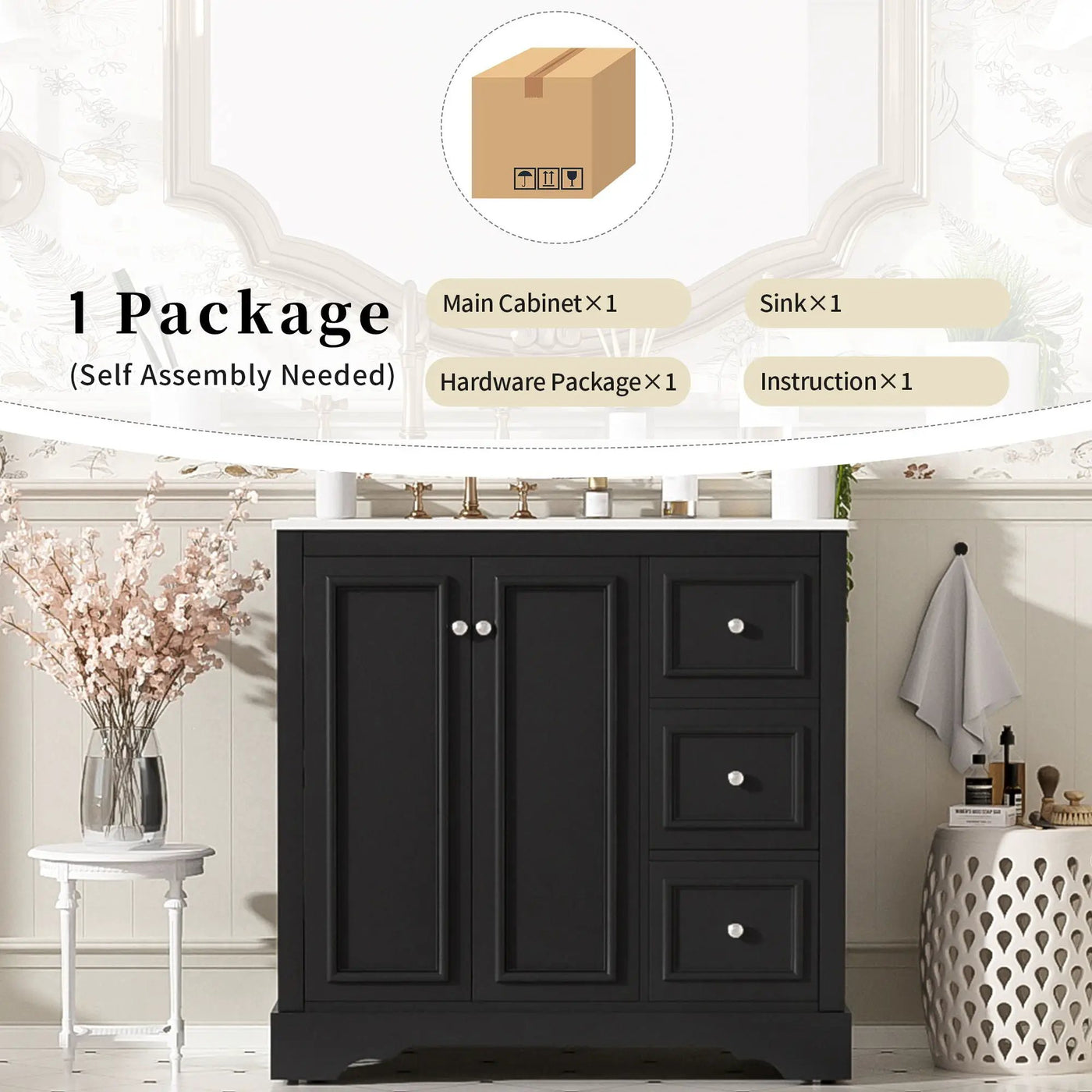 Bathroom Vanity With Sink, Soft-Close Doors, Adjustable U-Shelf, 3 Drawers by HouseOfZazla