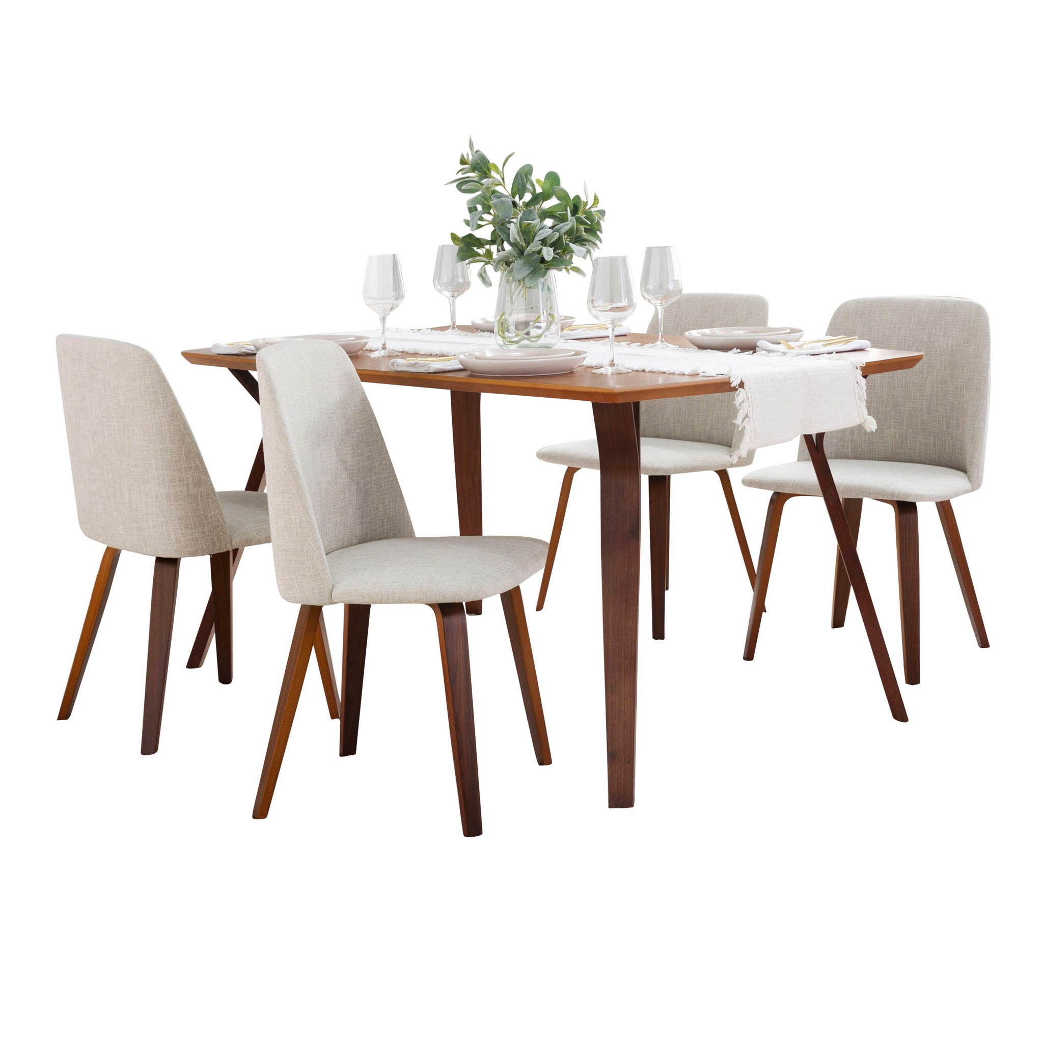 Folia Toriano - 5 Piece Mid-Century Modern Dining Set - Walnut / Beige by HouseOfZazla