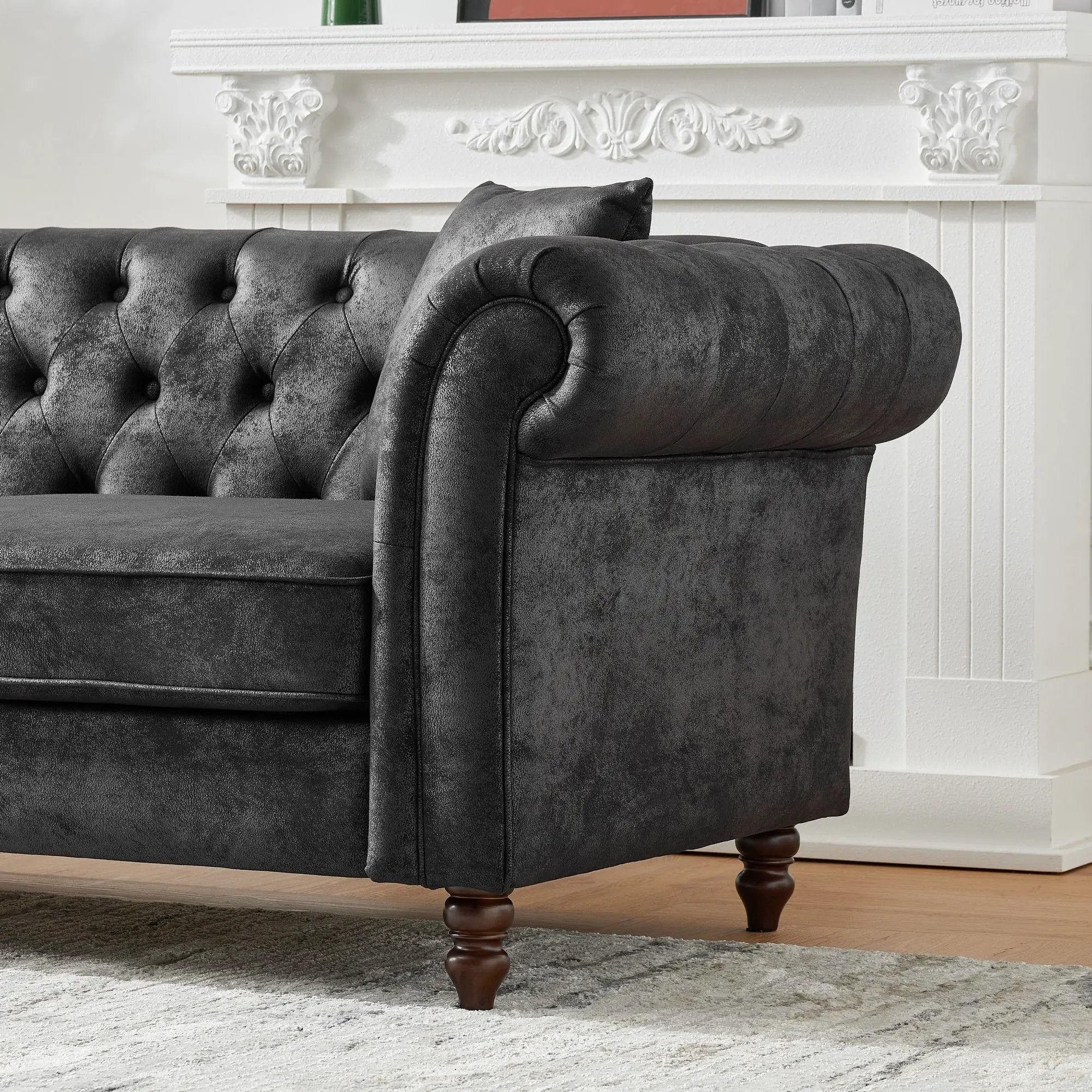 Chesterfield Sofa, High Tech Fabric Roll Armrest, 3 Seater Mid Century Modern Couch - Black by HouseOfZazla