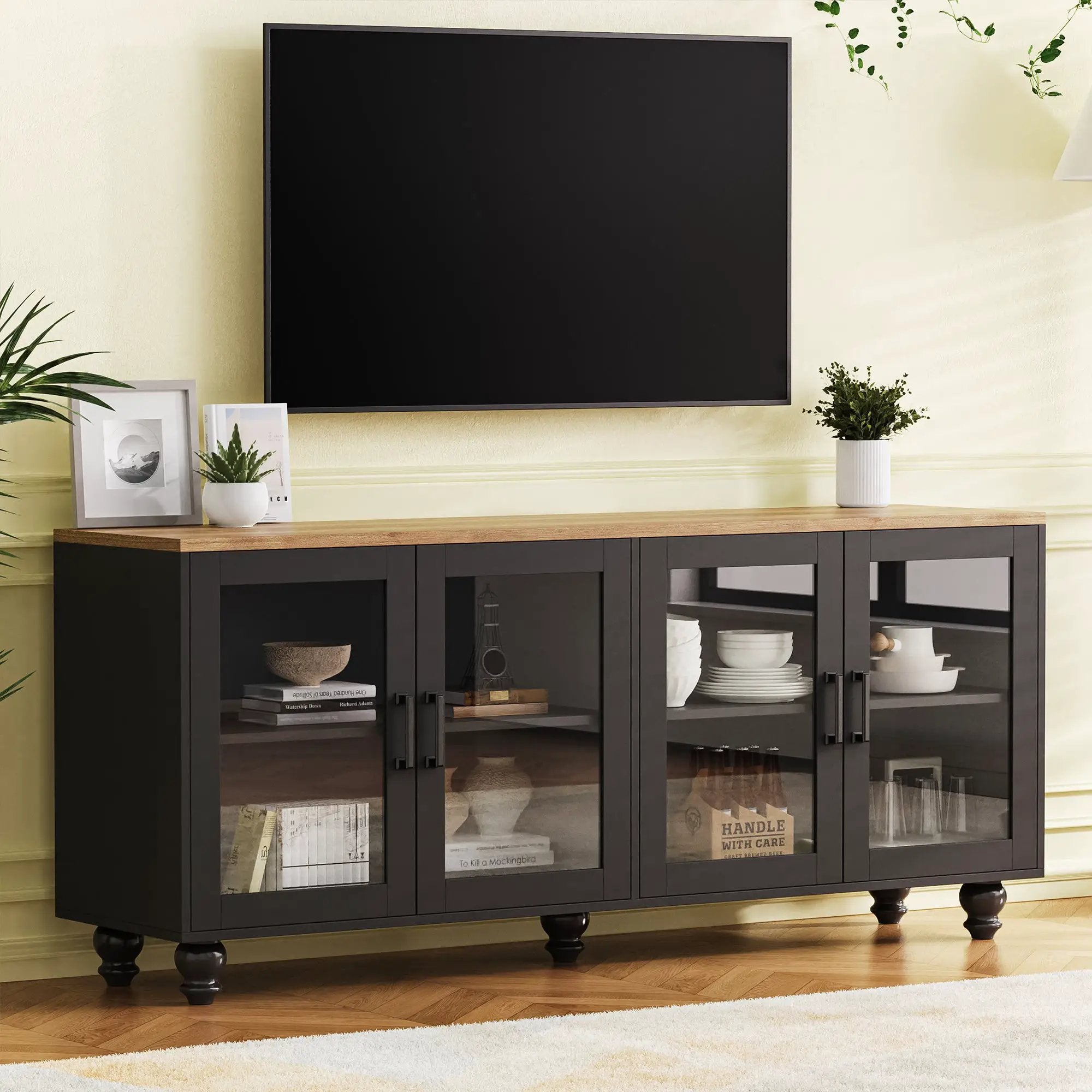 ON-TREND Farmhouse TV Stand with Tempered Glass Doors by HouseOfZazla