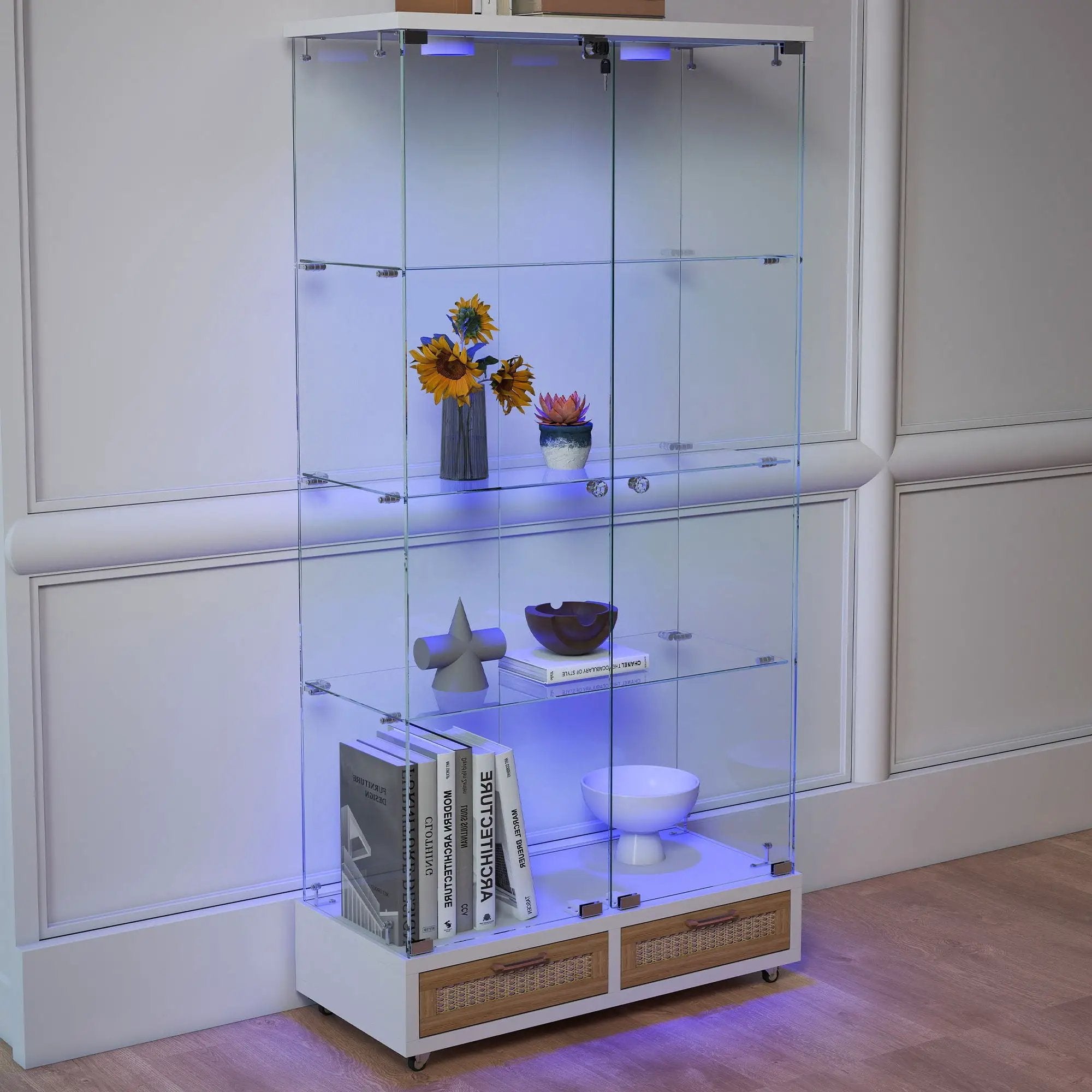 Glass Display Cabinet With LED Lights, Tempered Glass Doors, Large Drawers, 2 Door Storage Case With 4 Shelves - Natural / White by HouseOfZazla