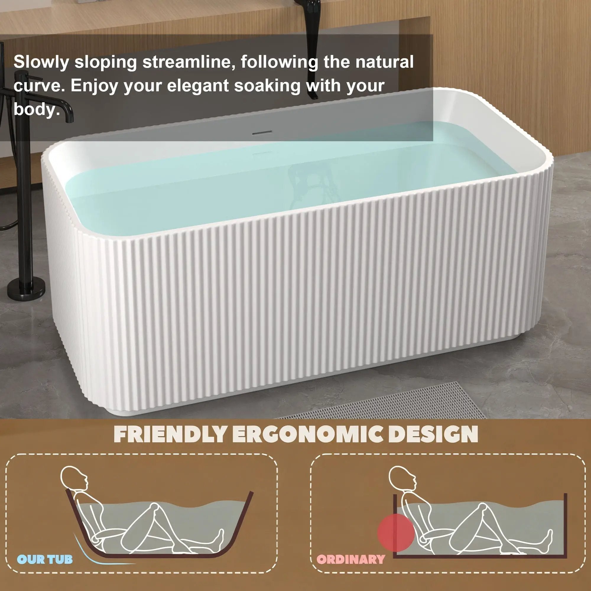 Rectangle Linear Freestanding Soaker Tub With Pop Up Drain, Double Wall Insulated Construction - Gloss White by HouseOfZazla