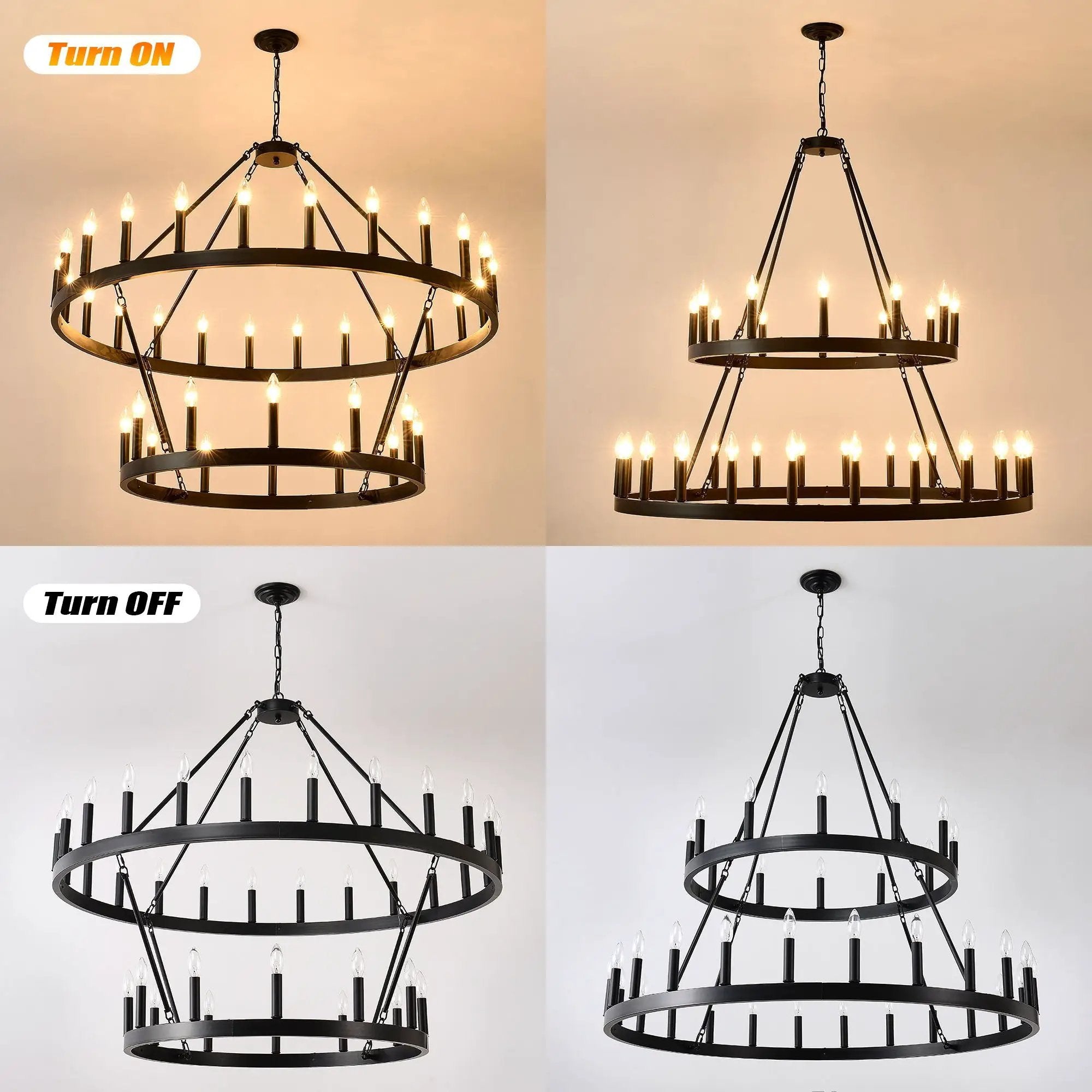 2 Tiers Wagon Wheel Chandelier Wooden Farmhouse 36 Light (24 / 12) Or (12 / 24) Metal Chandeliers 2 Story Light Fixtures Industrial For High Ceiling Living Dining Room Foyer, Adjustable Height - Black by HouseOfZazla