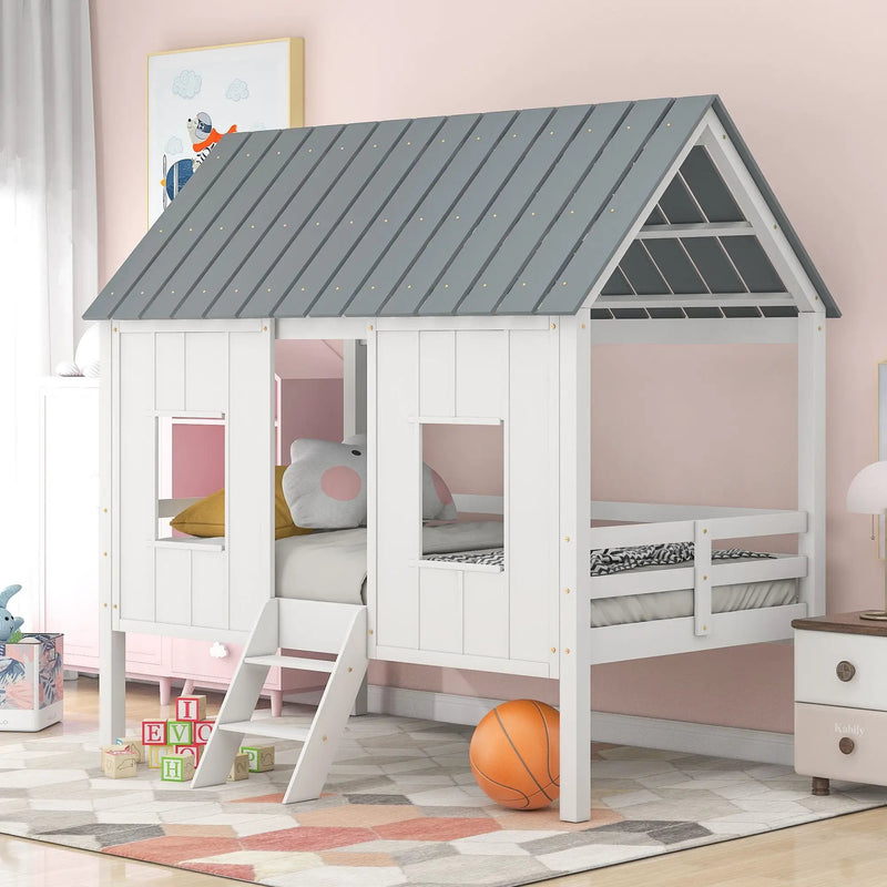 Twin Size Low Loft House Bed With Roof And 2 Front Windows - White by Unique Piece Furniture