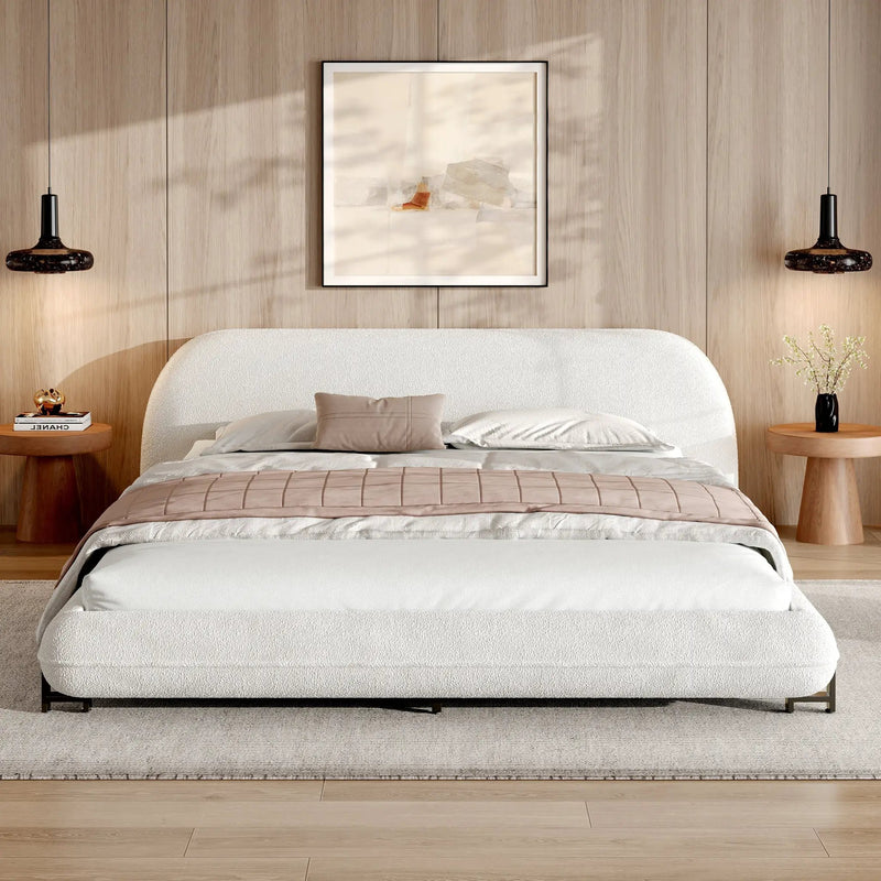 Queen Size Upholstered Bed Frame with Boucle Fabric and Steel Legs by HouseOfZazla
