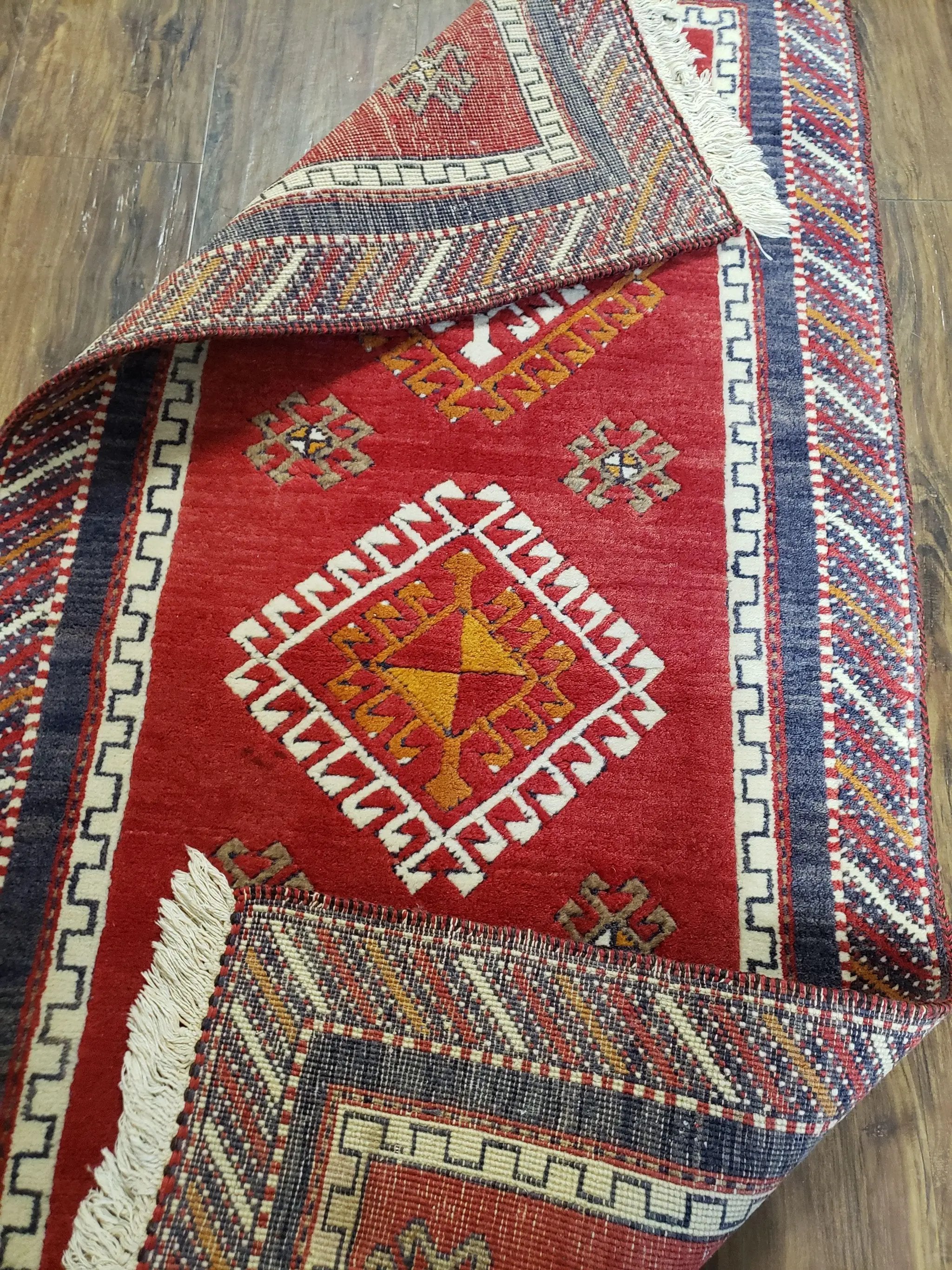 Vintage Turkish Kazak Rug 2.5 x 5 Red Wool Carpet Medallions Runner Geometric by Jewel Rugs