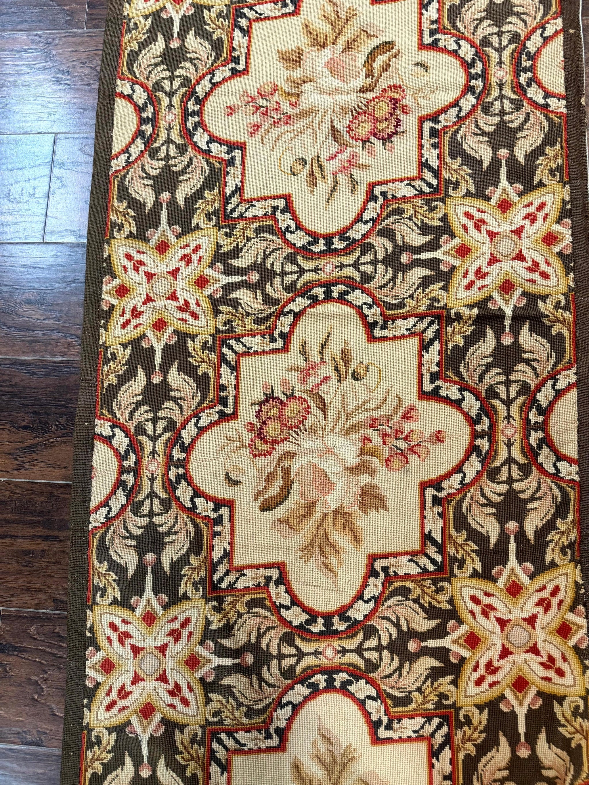 Needlepoint Runner Rug 2.7 x 9.7, European French Design, Wool, Handmade, Vintage by Jewel Rugs