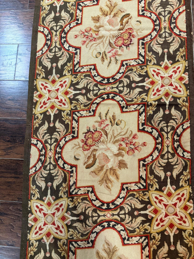 Needlepoint Runner Rug 2.7 x 9.7, European French Design, Wool, Handmade, Vintage by Jewel Rugs