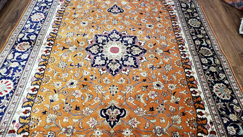 Vintage Persian Qum Silk Rug 4.6 x 6.7, Burnt Orange and Navy Blue, Antique Oriental Very Fine Signature Master Weaver 350+ KPSI Ghom Qom 5x7 Rug by Jewel Rugs