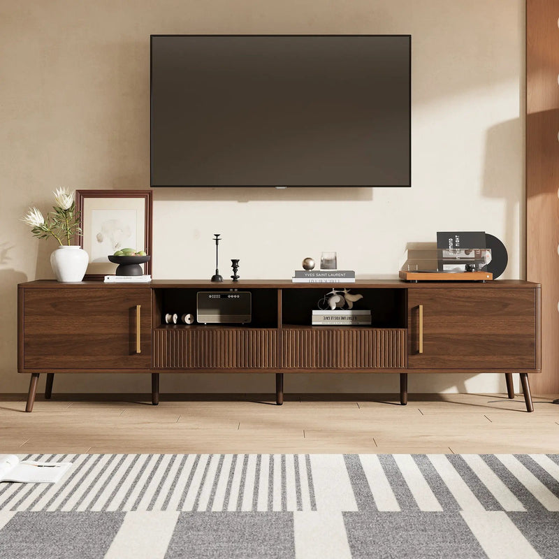 TV Stand For TVs Up To 85" With Soft-Close Doors, Open Shelf, Cable Management - Walnut by Unique Piece Furniture