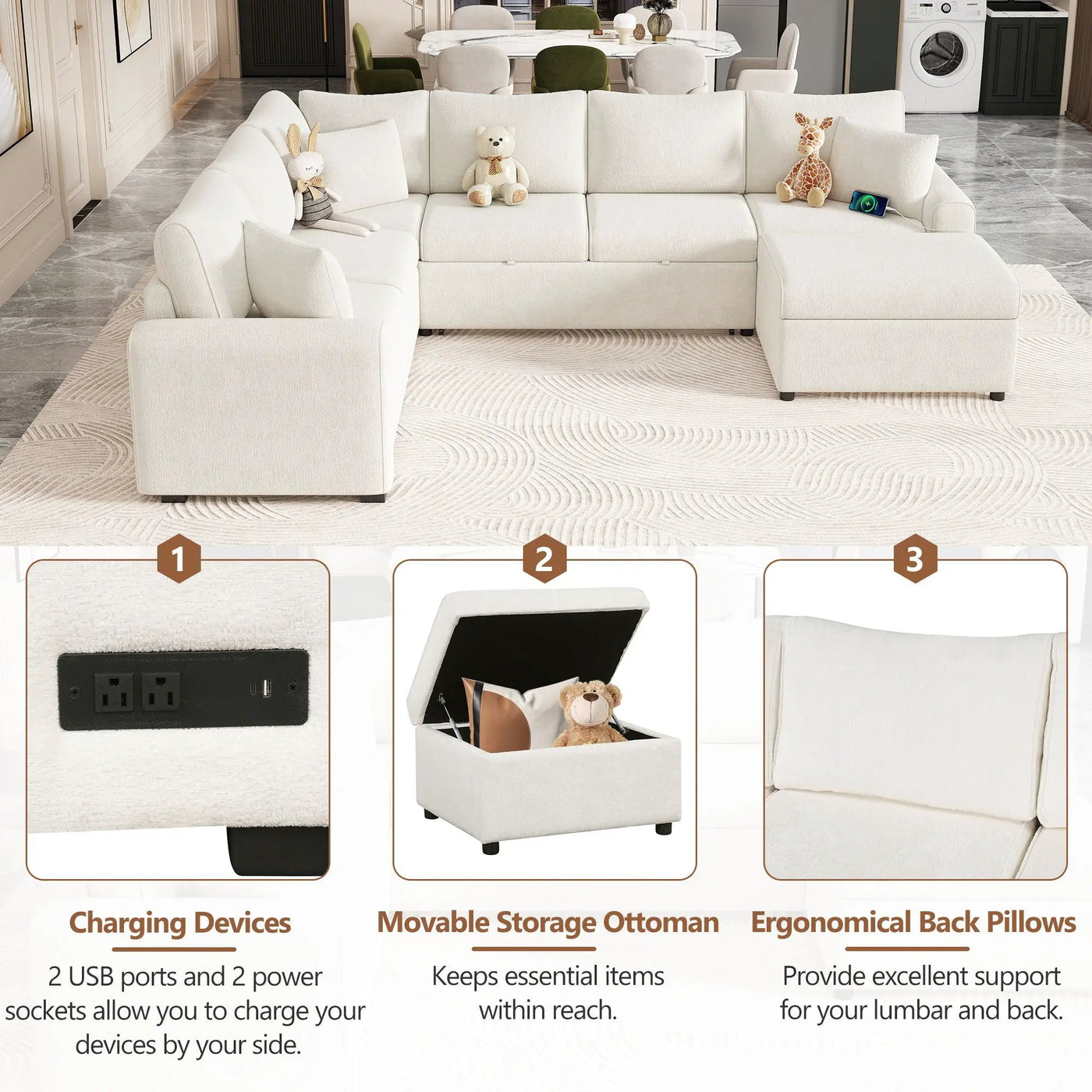 Sectional Sofa Pull-Out Sofa Bed Sleeper With A Storage Ottoman, Three Pillows And Charging Devices For Living Room by HouseOfZazla