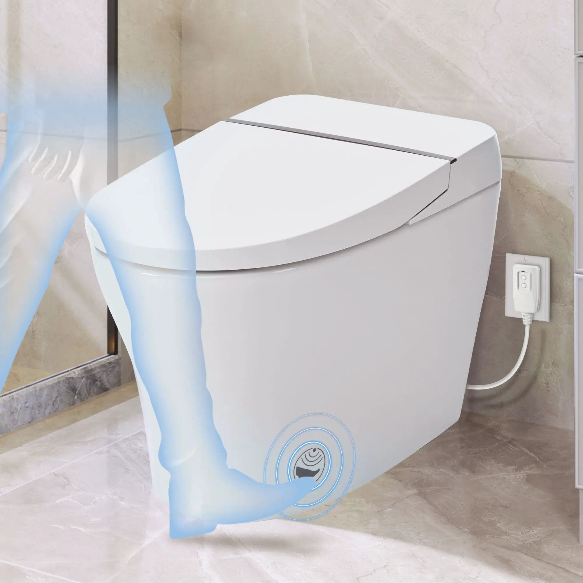Smart Toilet Bidet Combo With Self-Cleaning Nozzle, Upmarket Compact Dual Flush Toilet 1 / 1.28 Gpf, Tank Less Toilet With Foot Sensor Flush - White Night Light by HouseOfZazla