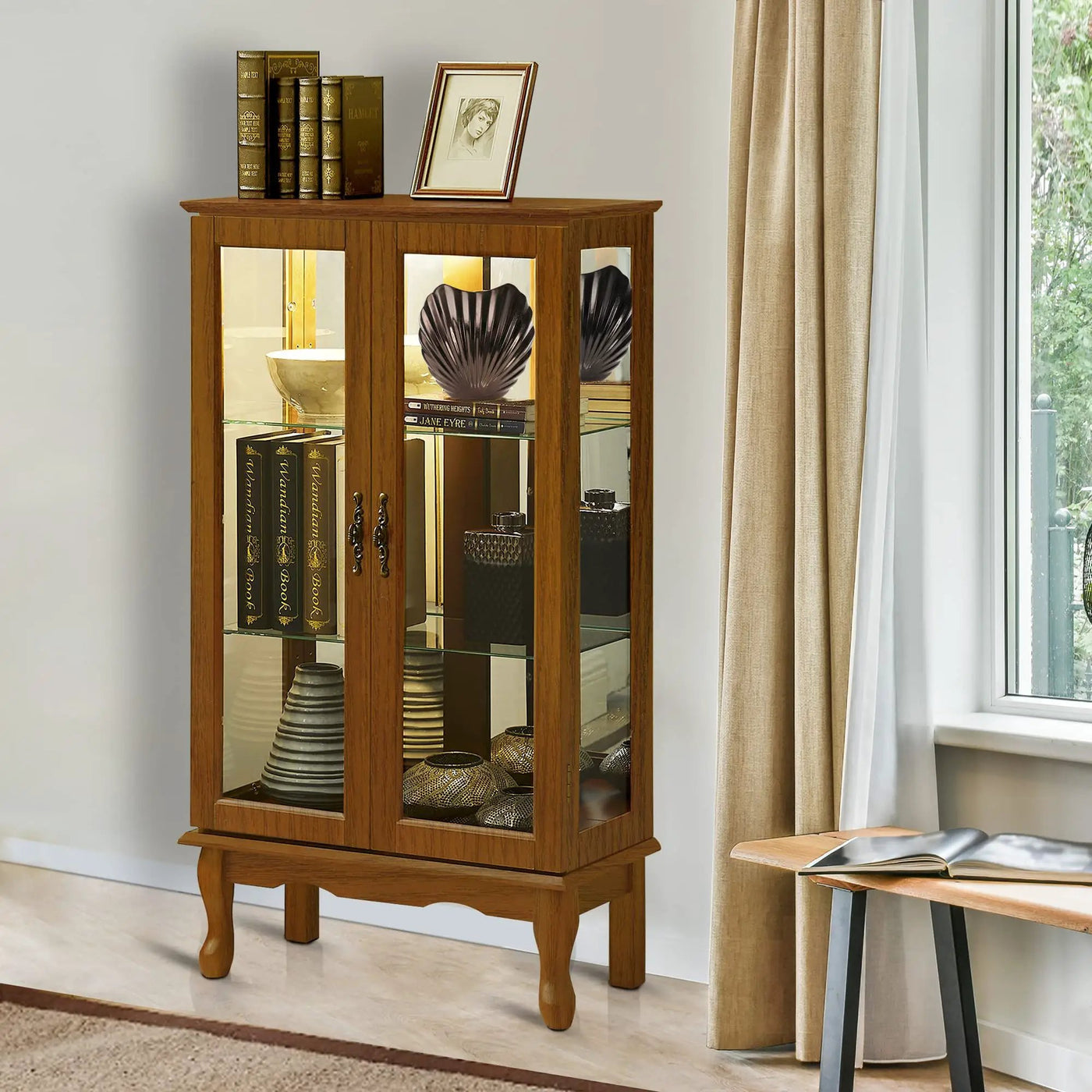 Curio Cabinet Lighted Curio Diapaly Cabinet With Adjustable Shelves And Mirrored Back Panel, Tempered Glass Doors (3 Tier), (E26 Light Bulb Not Included) by HouseOfZazla