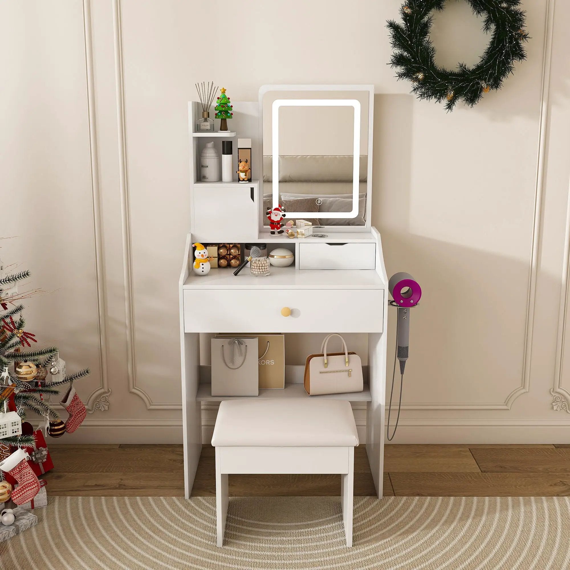 LED Vanity Mirror With Stool, 2 Drawers & 5 Storage Cabinets, Adjustable Lighting Mdf Dressing Table For Bedroom - White by Unique Piece Furniture