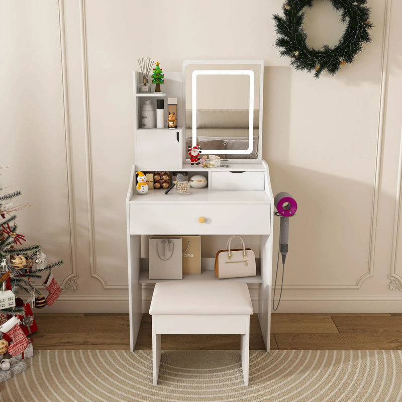 LED Vanity Mirror With Stool, 2 Drawers & 5 Storage Cabinets, Adjustable Lighting Mdf Dressing Table For Bedroom - White by Unique Piece Furniture