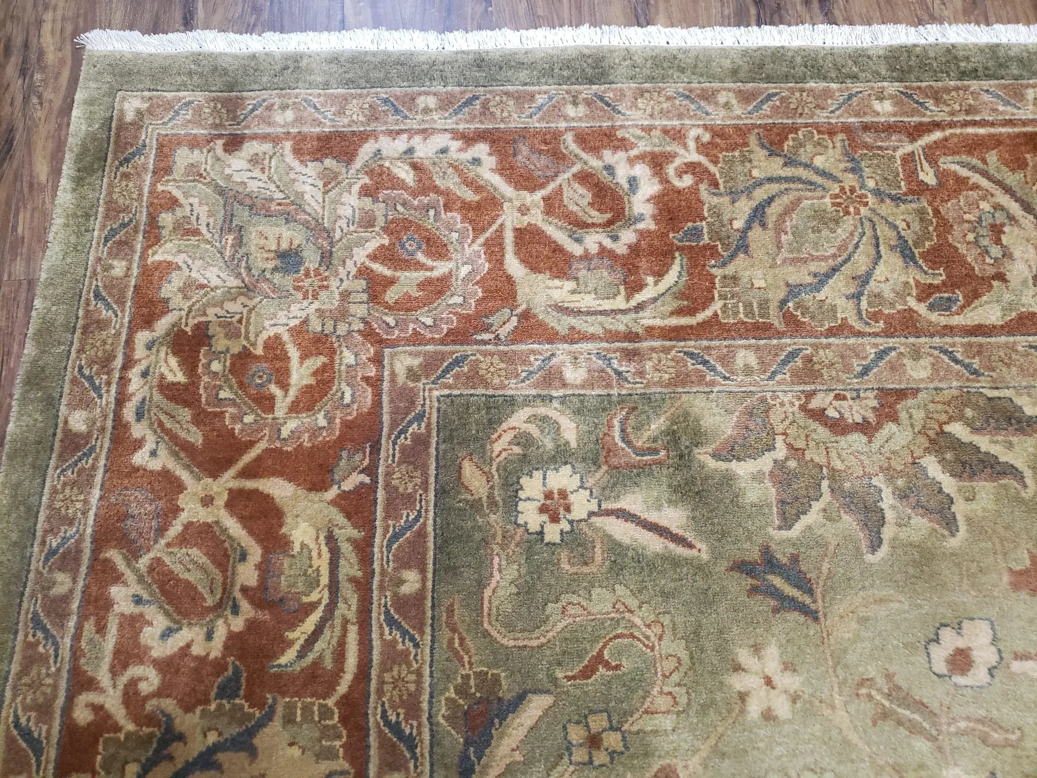 Green Indo Mahal Area Rug 9x12, Wool Hand-Knotted Carpet by Jewel Rugs