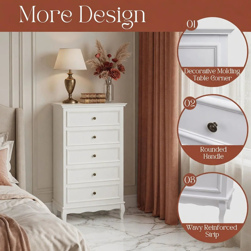 5 Drawer Tall Wide Chest Of Drawers - White by HouseOfZazla