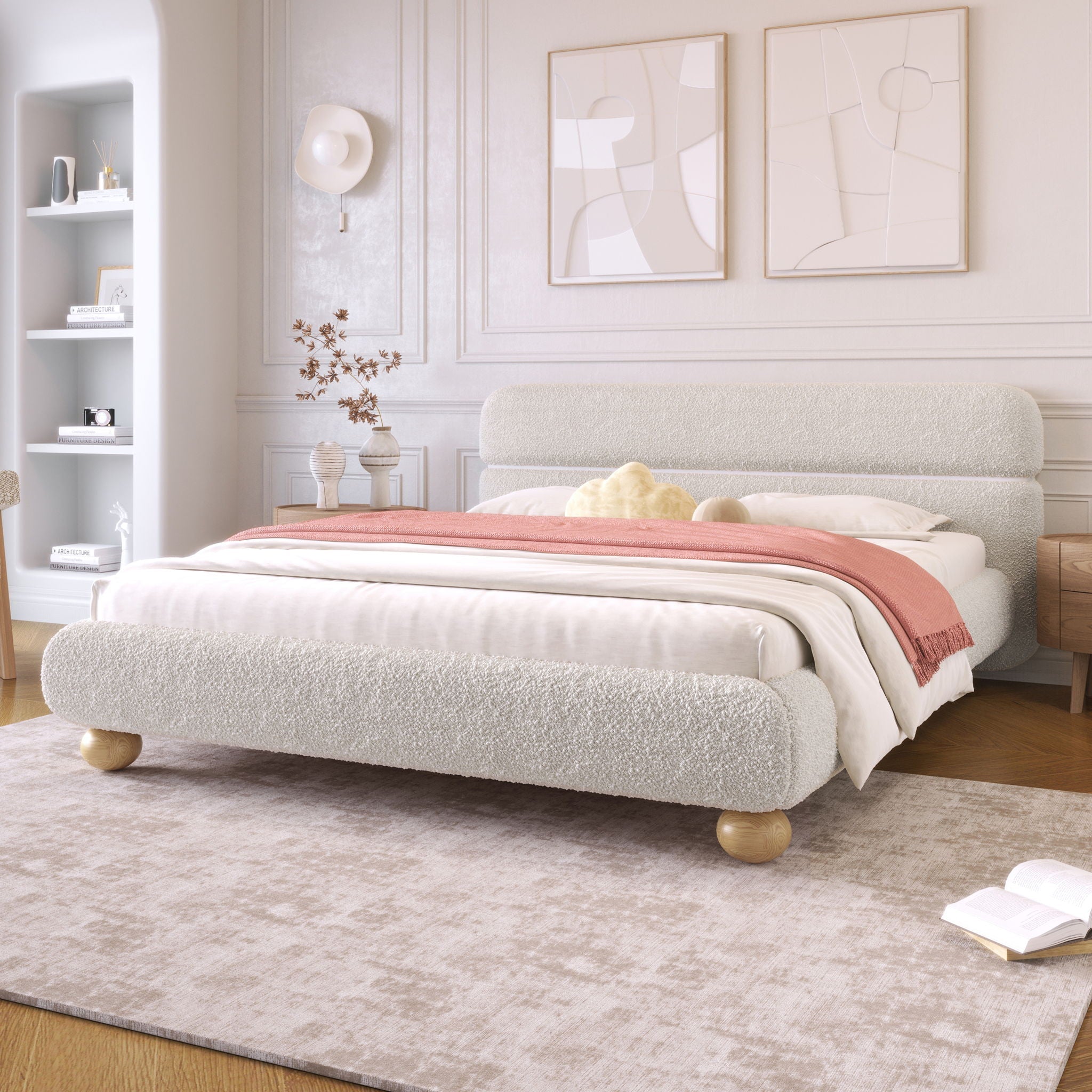 Queen Size Low Profile Upholstered Bed - White by HouseOfZazla