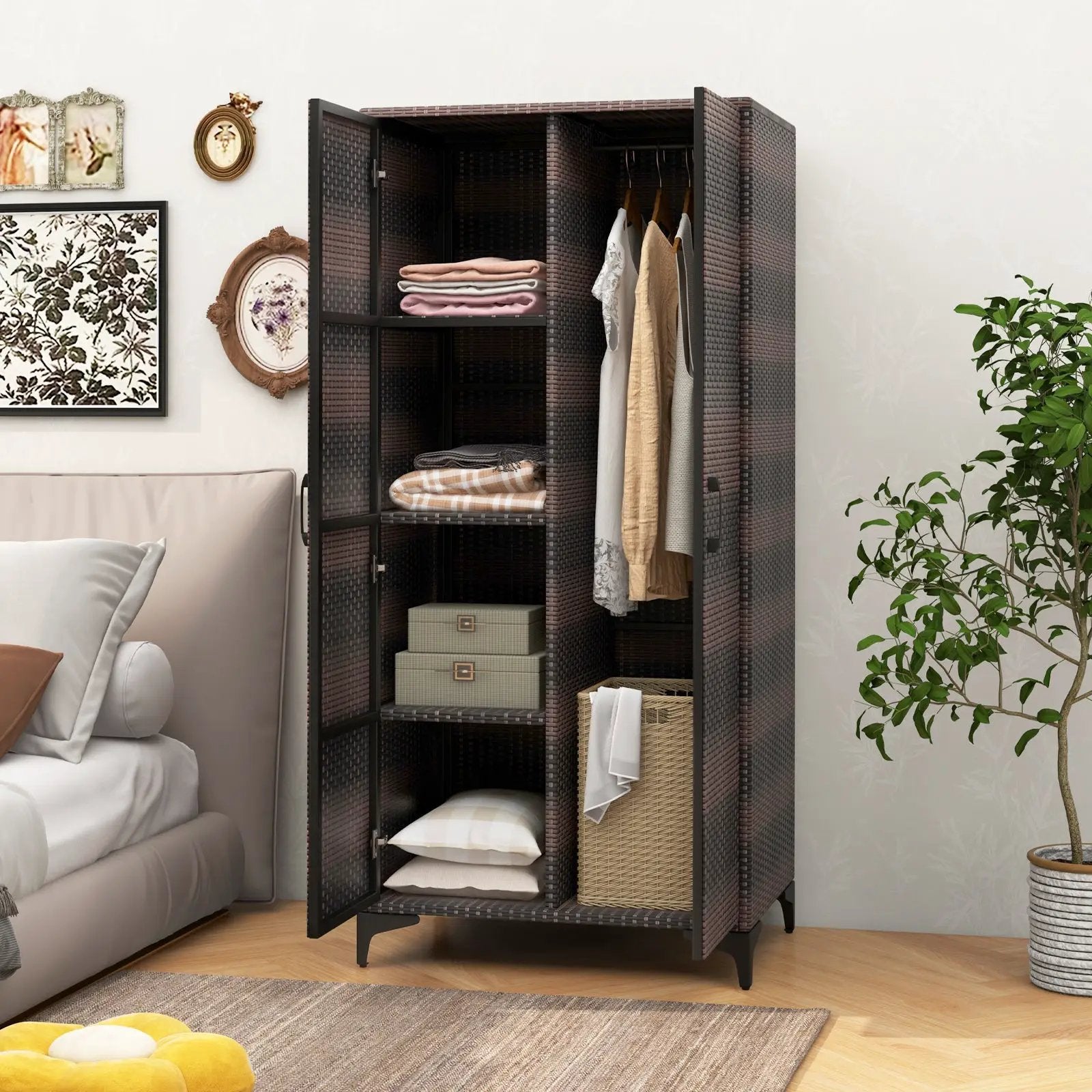 62 Inch Wicker Wardrobe with 2 Doors PE Rattan Closet with Hanging Rod by DirectDeals