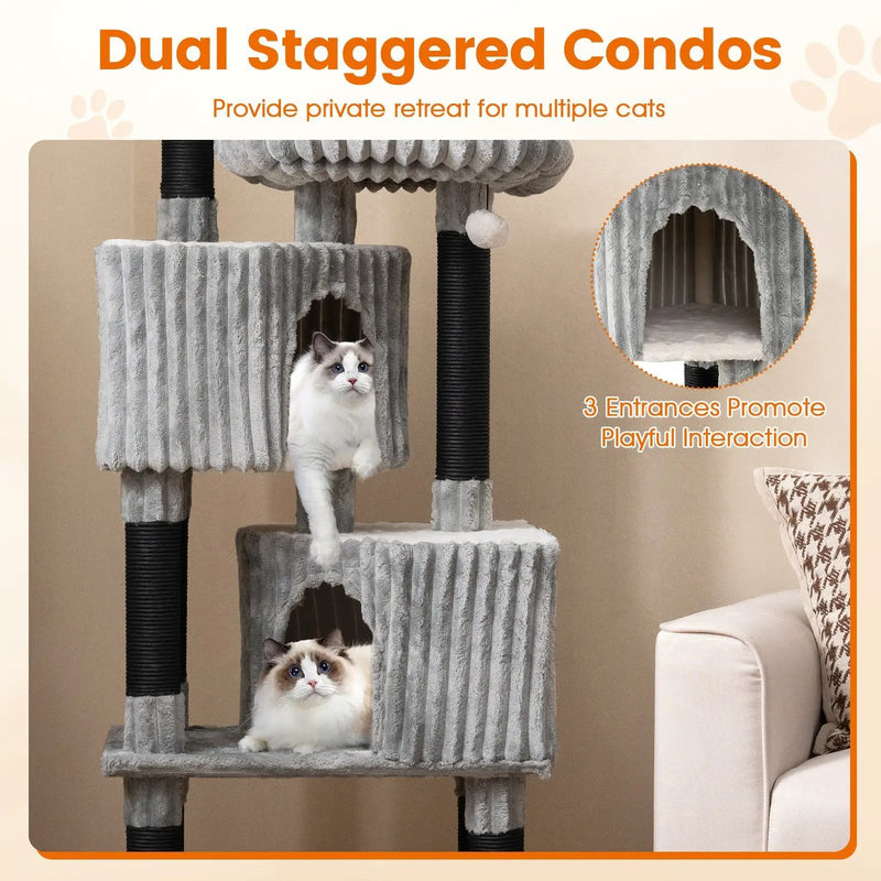 62 Inch Tall Cat Tower with Scratching Posts and Soft Flannel Covering-Light Gray by DirectDeals
