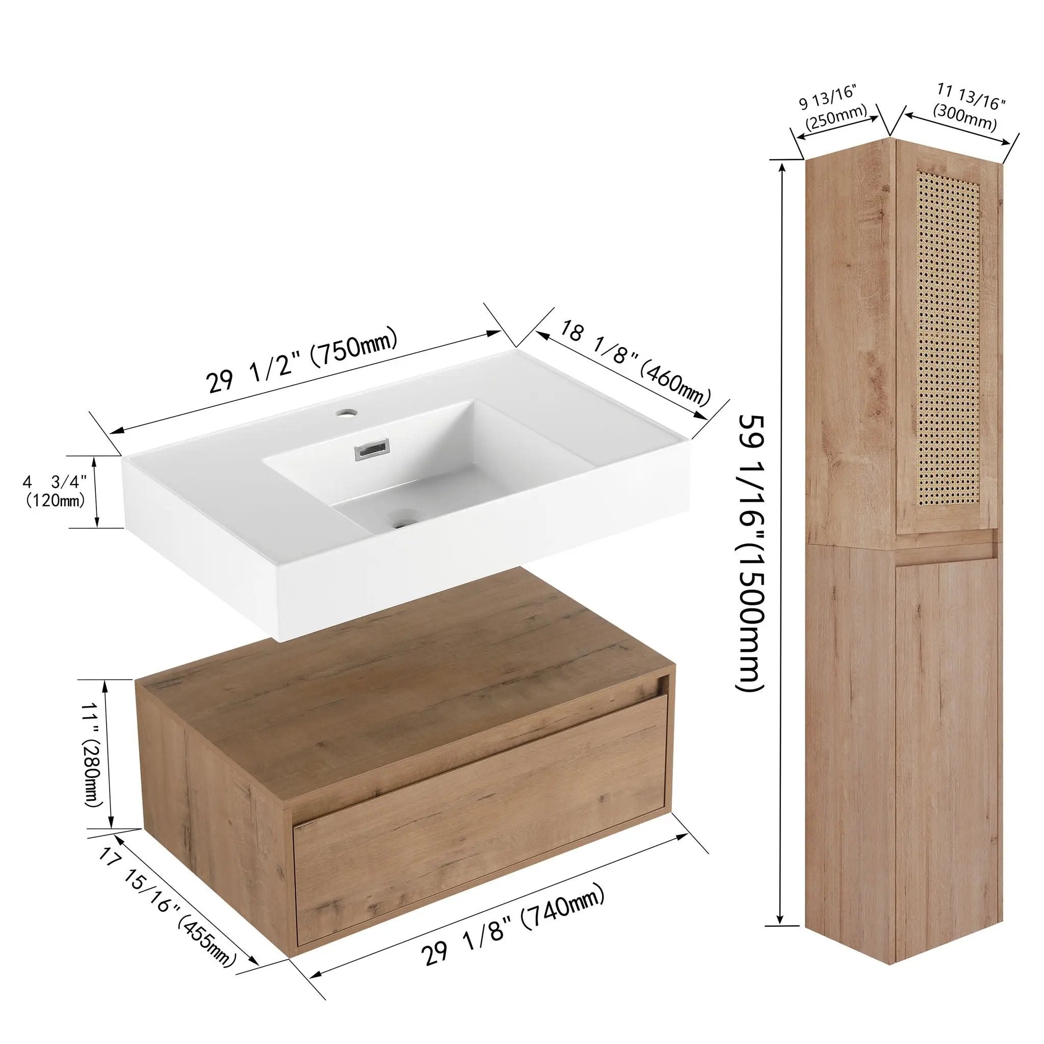 Contemporary Wall Mounted Bathroom Vanity With Resin Sink And 2 Side Cabinet - Imitative Oak by Unique Piece Furniture