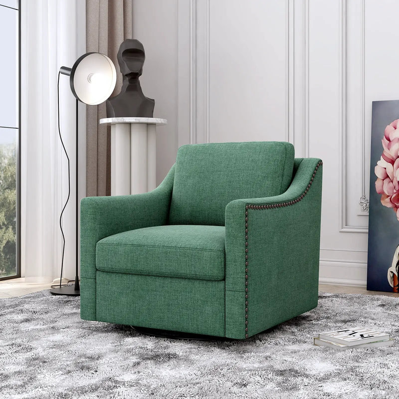360 Degree Swivel Armchair Cotton Linen Fabric with Brass Nail Detailing by HouseOfZazla