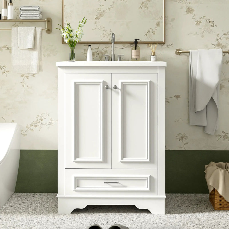 Bathroom Vanity With Ceramic Sink Combo, Modern Freestanding Storage Cabinet With Silver Handles by Unique Piece Furniture