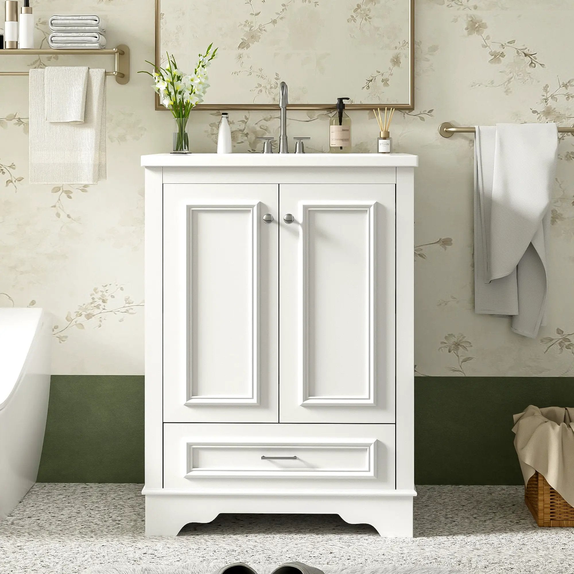 Bathroom Vanity With Ceramic Sink Combo, Modern Freestanding Storage Cabinet With Silver Handles by Unique Piece Furniture