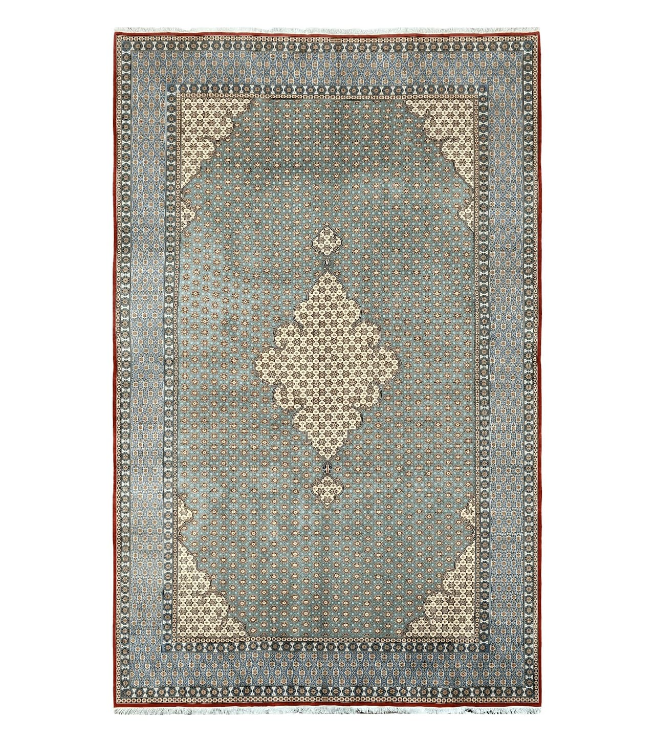 Rare Persian Rug 8x12, Qum Rug, Repeated Star Motifs, Blue and Ivory, Fine 300 KPSI, Hand Knotted Handmade Vintage Wool Rug by Jewel Rugs