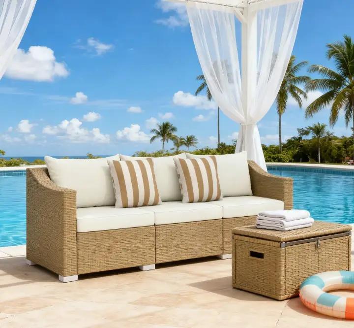 Outdoor Furniture Rattan Sofa with Cushions and Throw Pillows by HouseOfZazla
